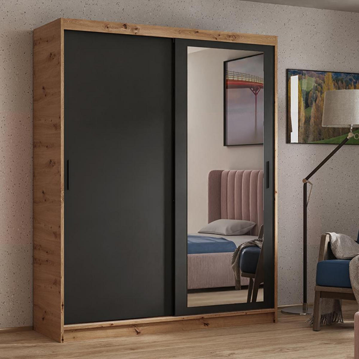 SCHWEBETÜRENSCHRANK Hela 100/205/60 2-türig eiche Artisan/schwarz mit Schubladen - Schwarz/Eiche Artisan, Holzwerkstoff (100/205/60cm) - Beautysofa