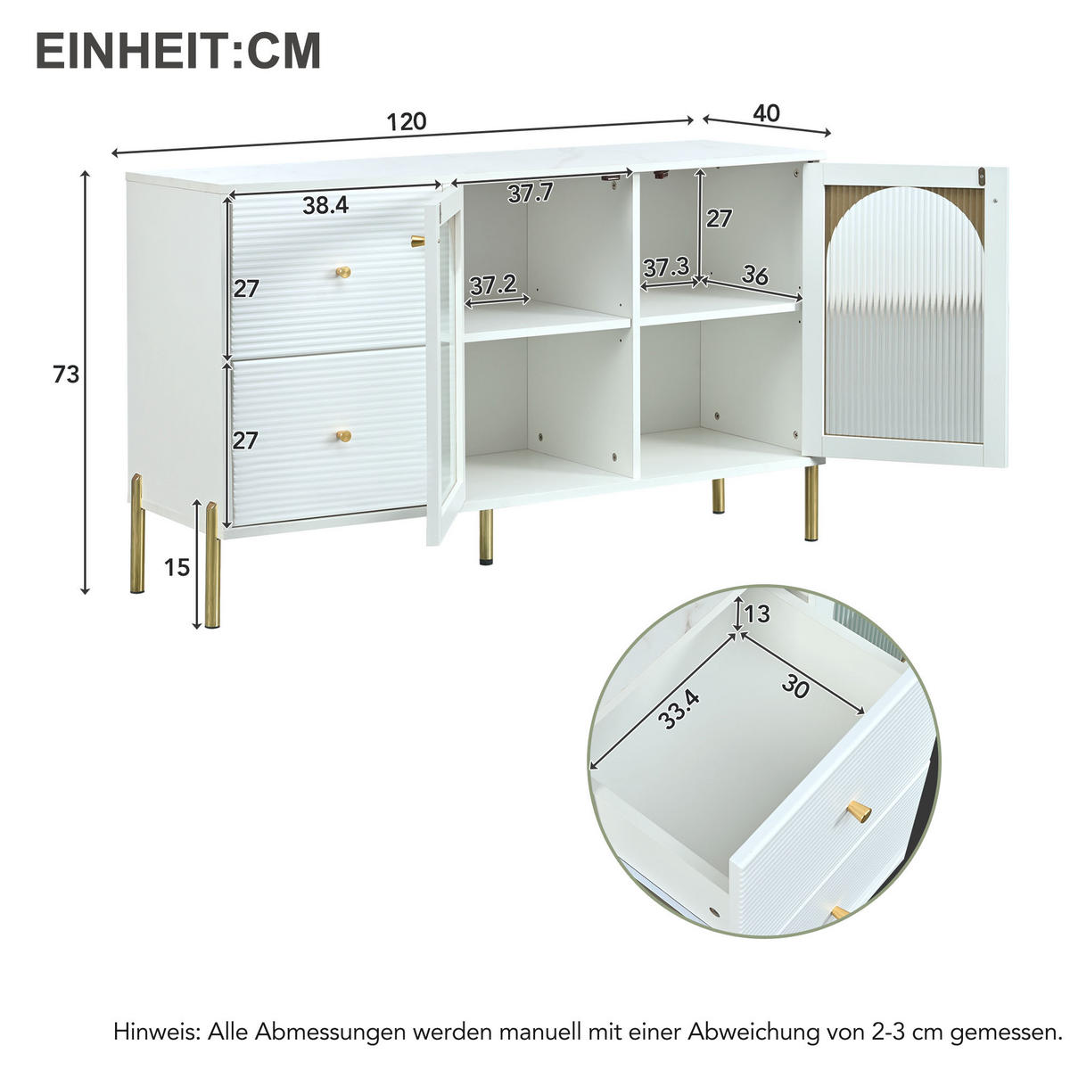 SIDEBOARD mit Vitrine Marmor Glas Weiß - Weiß, Glas (40/73/120cm) - Urban Meuble