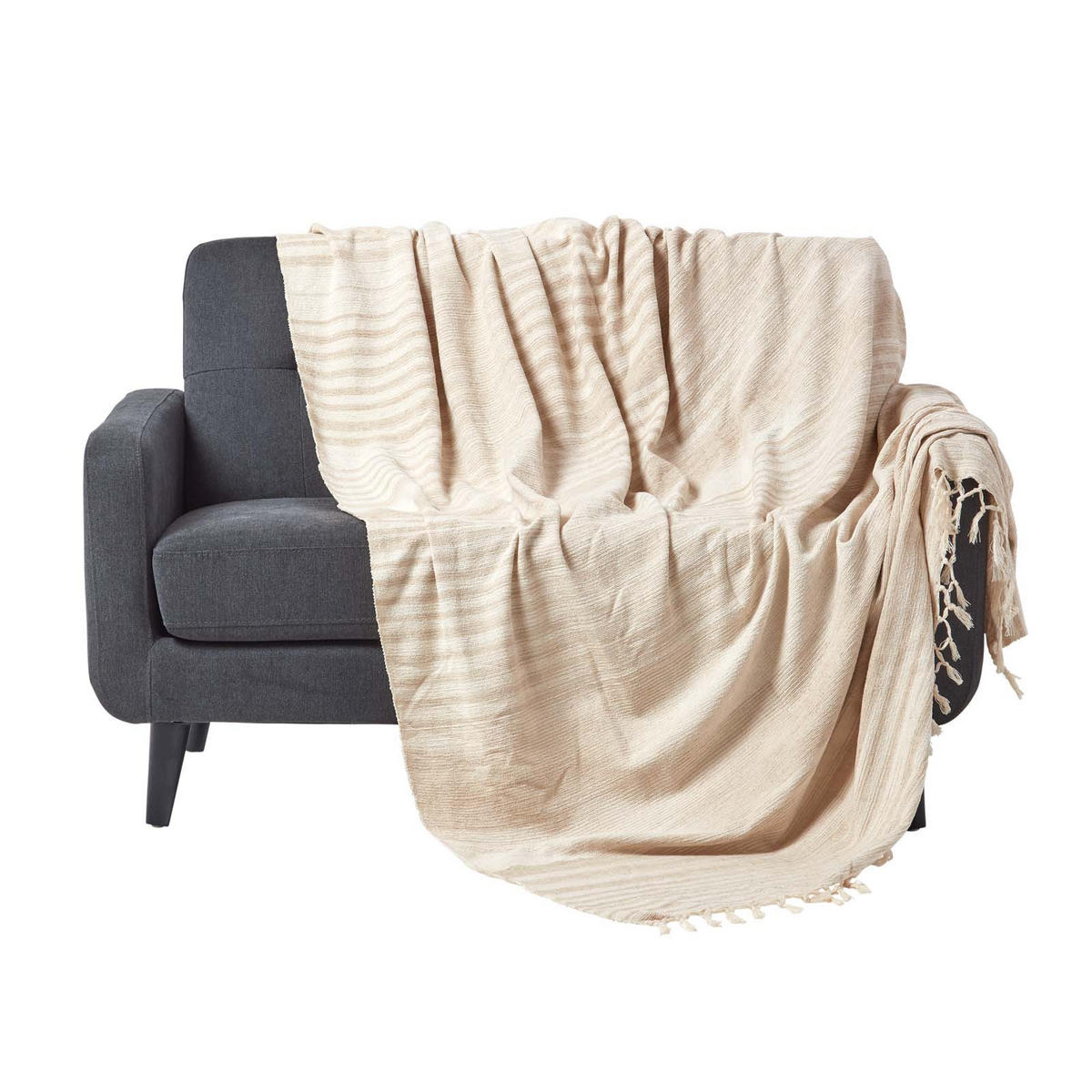 WOHNDECKE Chenille 150/200 cm, 100% Baumwolle gestreift - Beige, Textil (150/200cm) - Homescapes