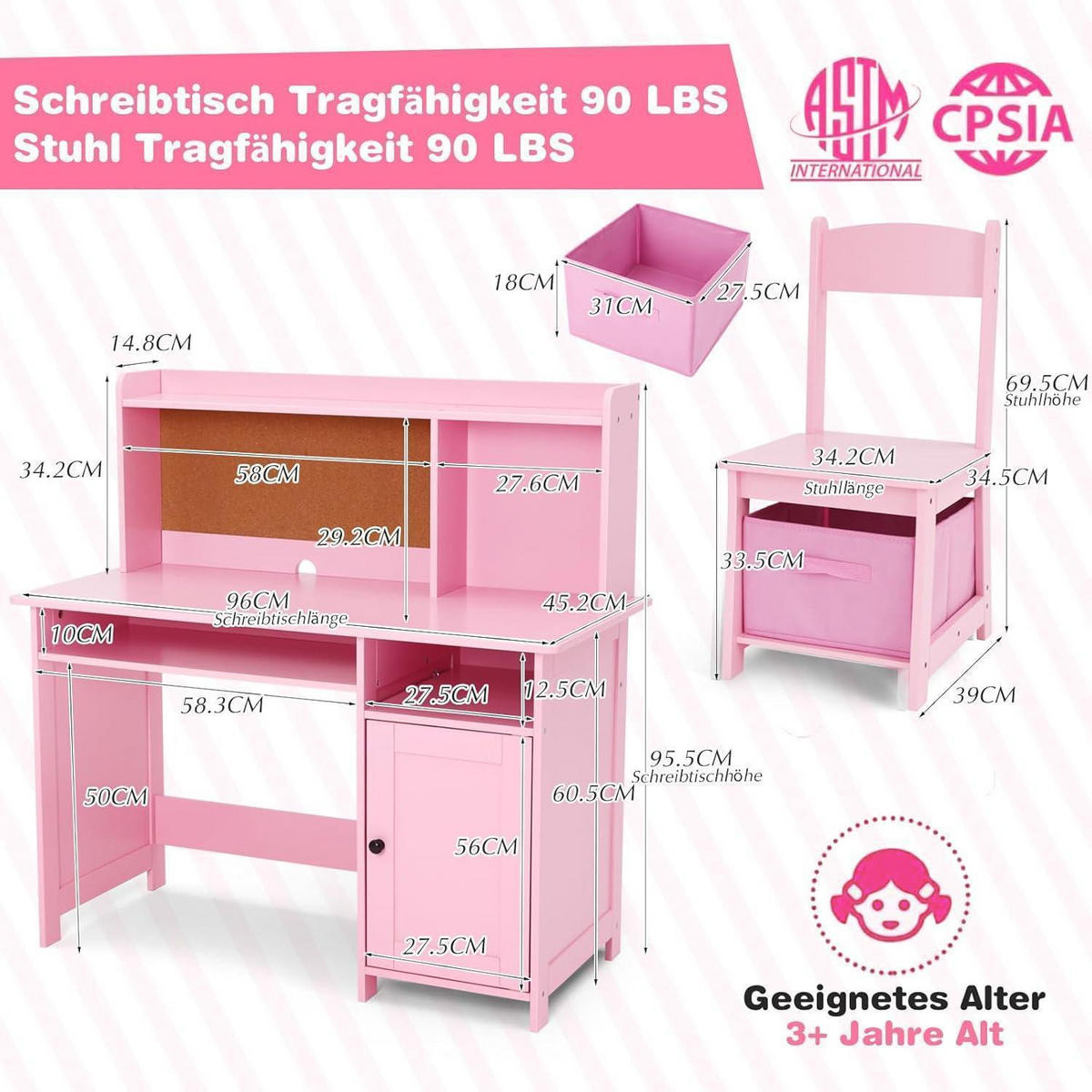 KINDERSCHREIBTISCH mit Stuhl 2-teiliges Set Rosa - Pink, Holzwerkstoff (95.5/95.5/45cm)