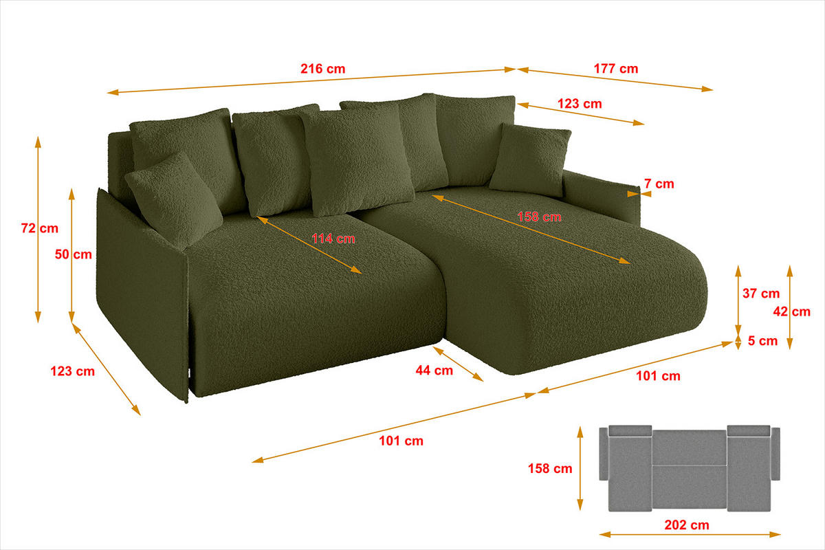 ECKSOFA Ottomane rechts ONESK-L -v1 216x177x72 Grün Bouclé - Olivgrün, Holzwerkstoff/Kunststoff (177/216cm) - ALTDECOR