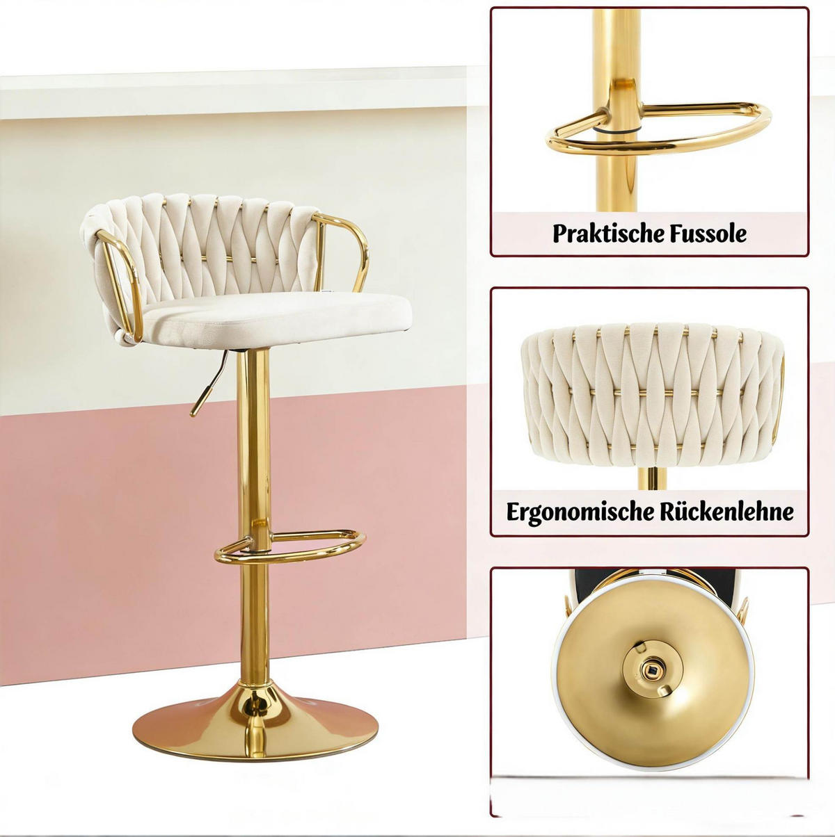 BARHOCKER 49,5/77–98/50,5 cm höhenverstellbar, 360° drehbar mit Armlehnen - Creme, Metall (49.5/98/50.5cm) - MIVRAY