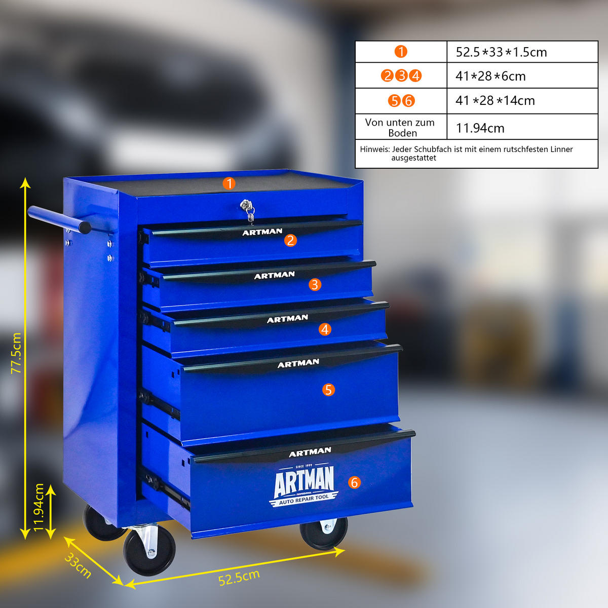 KOMBINATIONSKOFFER – 5 Schubladen, 508 mm (20 Zoll), mit 5 Schubladen; Farbgebung in Schwarz und Blau. - Multicolor, Metall (33/77.5/60cm) - DCA