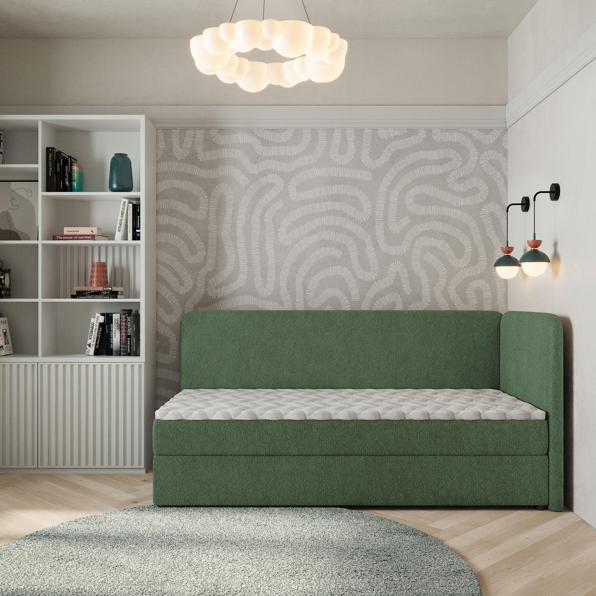 BOXBETT GINA 100x200 cm mit Matratze und Topper, H2+H3 - Grün - Grün, Holz (100/200cm) - MASSENO