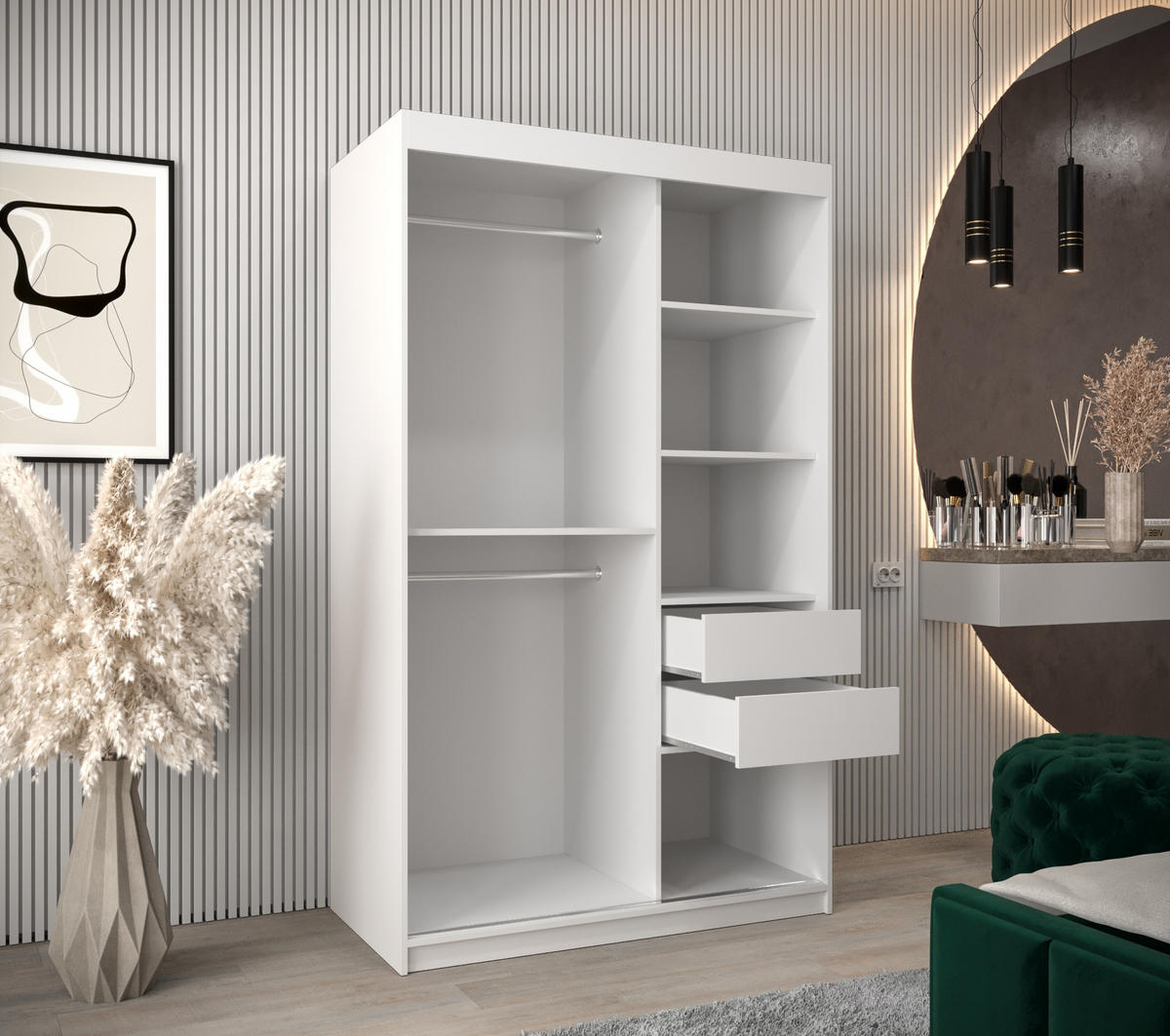 SCHIEBETÜRENSCHRANK - Kleiderschrank MALTESE 120 Weiß + schubladen - Weiß, Holzwerkstoff (120/200/62cm) - Möblo