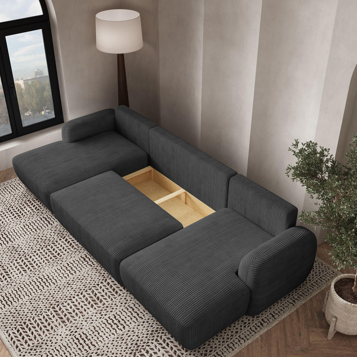 WOHNLANDSCHAFT SAVONA P Graphitfarben Kordstoff mit Schlaffunktion - Graphitfarben, Holz (320/90/148cm) - MASSENO