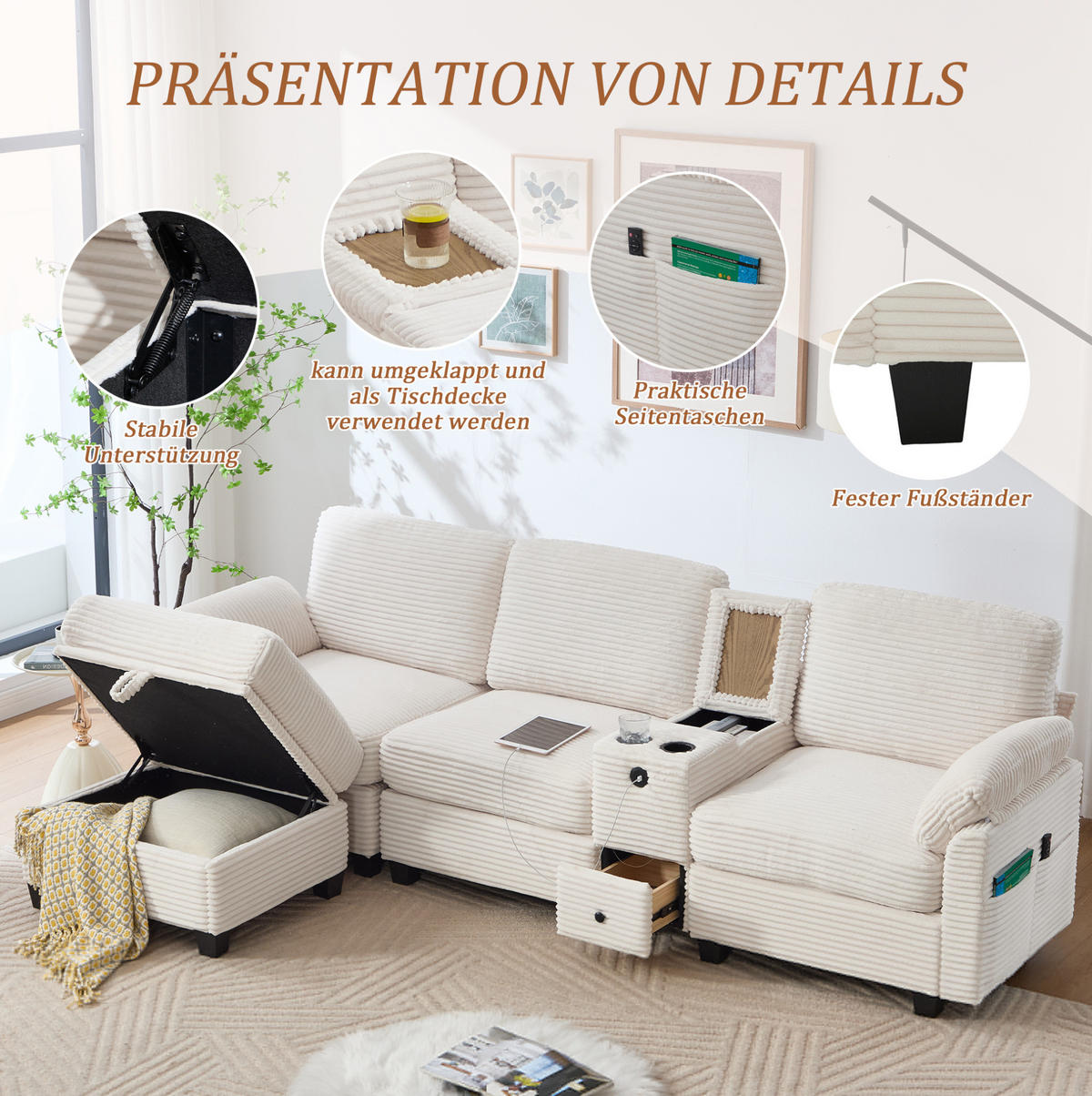 ECKSOFA Cord mit Memory Foam USB-Anschluss und Stauraum 266/136/82 cm Beige - Beige, Textil (136/82/266cm) - Redom