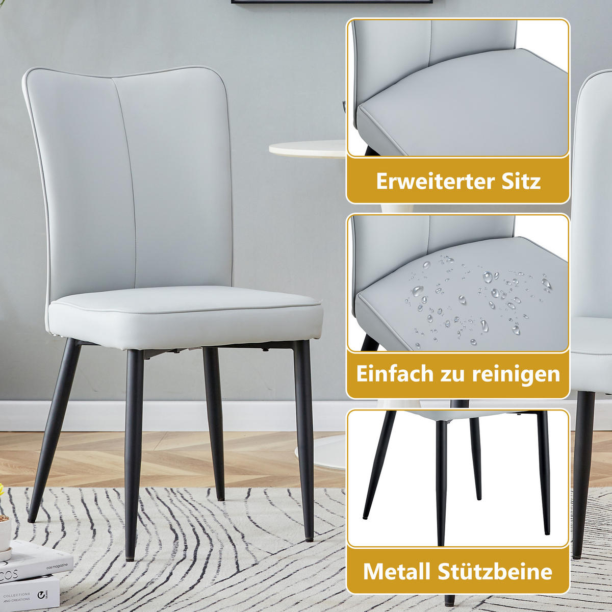 STUHL-SET DE-36516 2 Stück mit PU-Bezug und Metallbeinen Hellgrau - Hellgrau, Metall (44/89/45cm) - ComfortXL