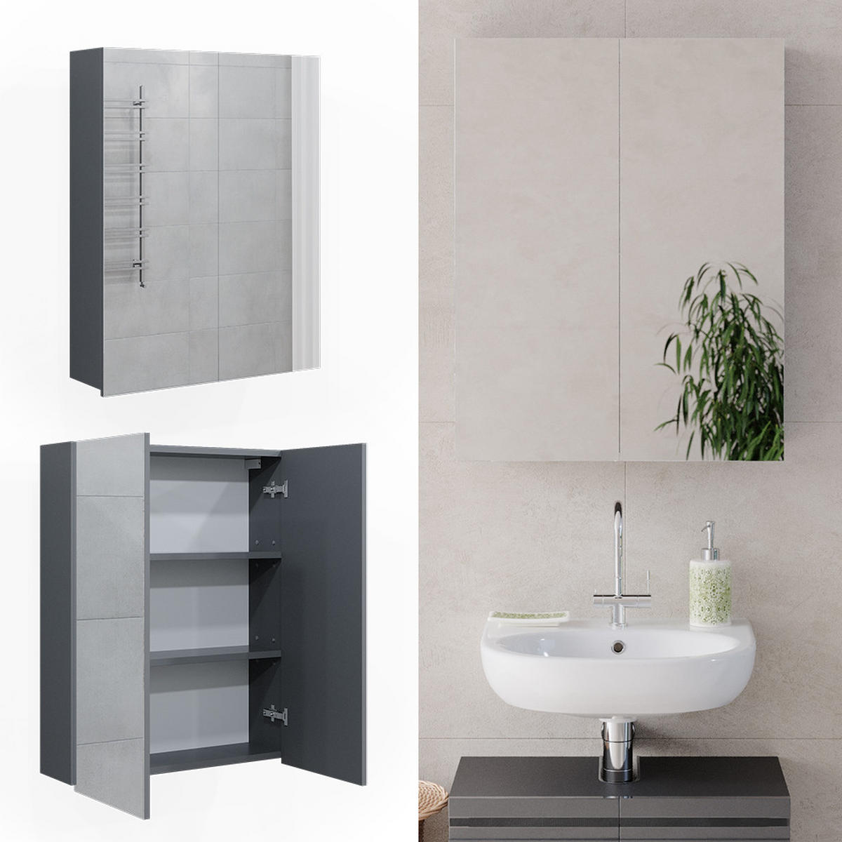 BADSPIEGELSCHRANK Fredd Anthrazit 60 x 77 cm - Schwarz Hochglanz/Anthrazit, Holzwerkstoff (60/77/17.2cm) - Vicco