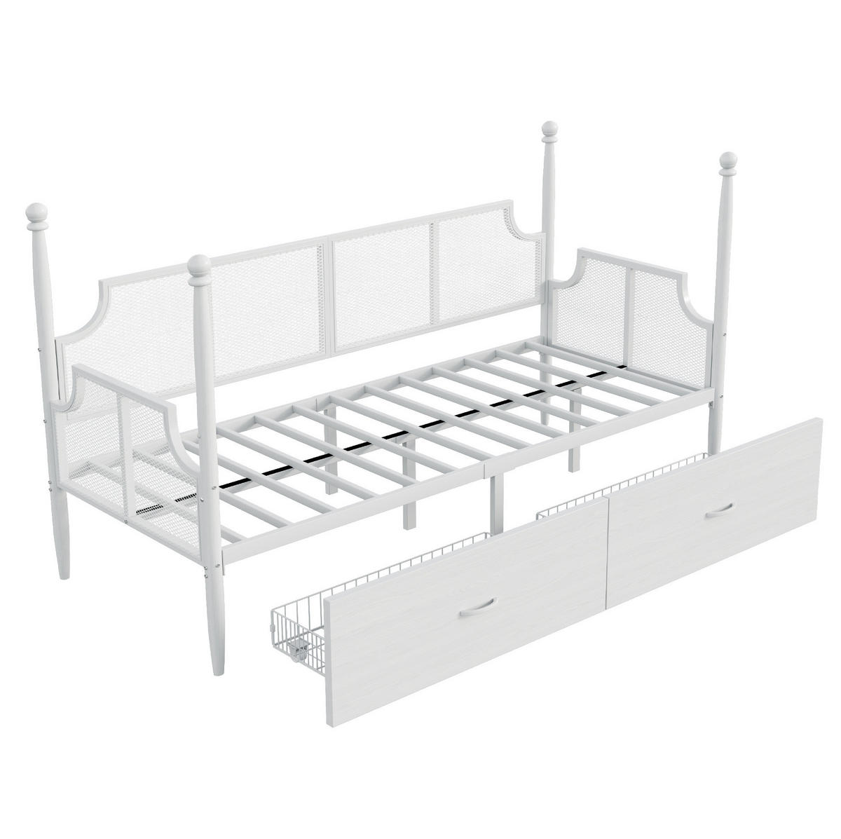 METALLBETT 90/200 cm weiß mit Vintage-Rückenlehne und Ablagefächern - Weiß, Metall (90/200cm) - OKWISH