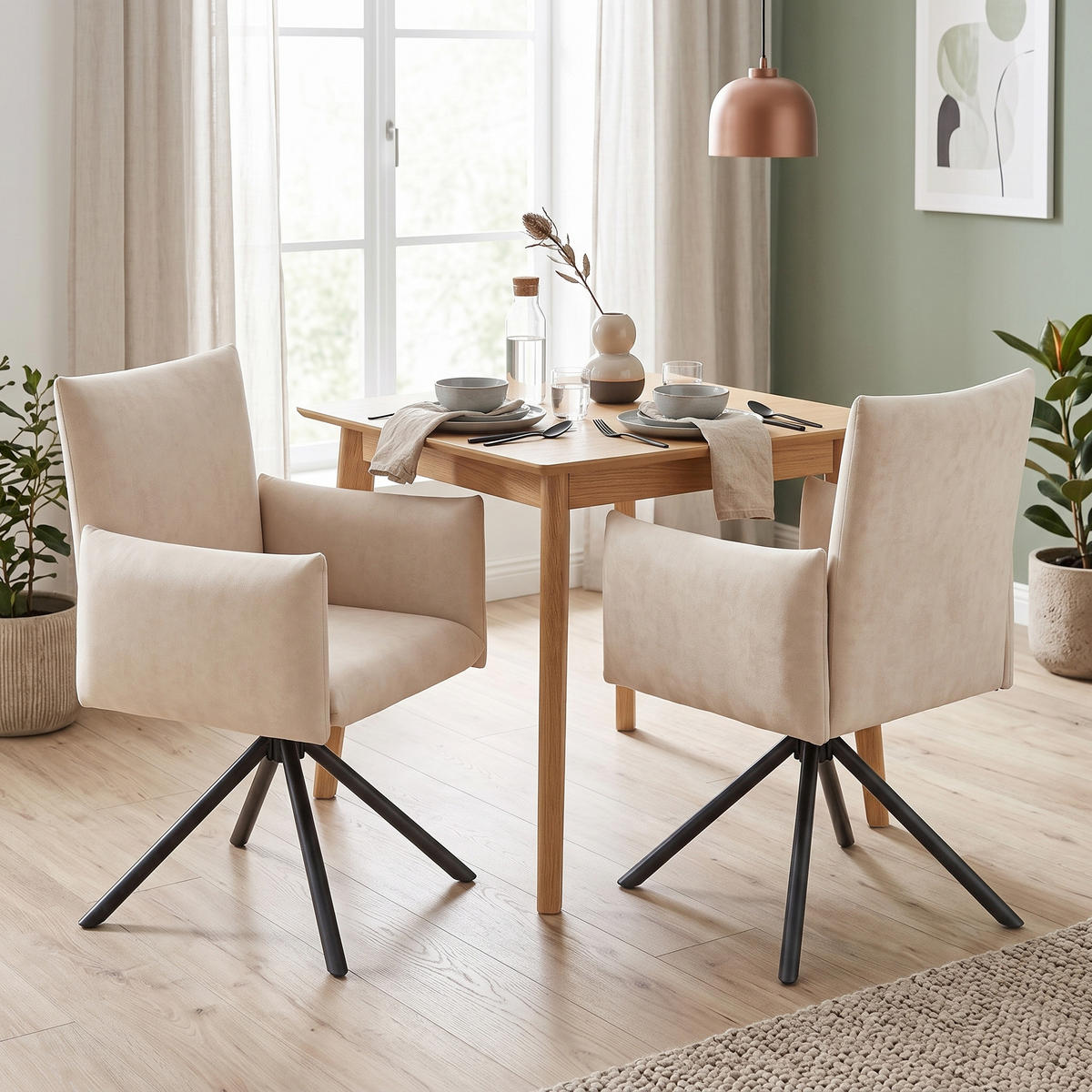 JÍDELNÍ ŽIDLE sada 2 ks, otočné s područkami, sametové čalounění, kovová podnož - béžová, textil (60/88/60cm) - Urban Meuble
