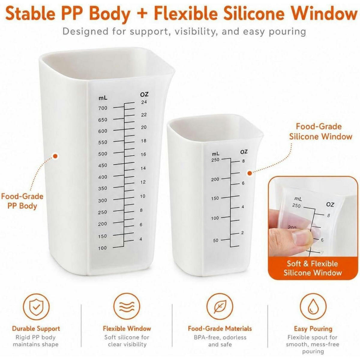 MESSBECHER Set 2er Silikon mit PP Griff - Weiß, Kunststoff (0.7L)