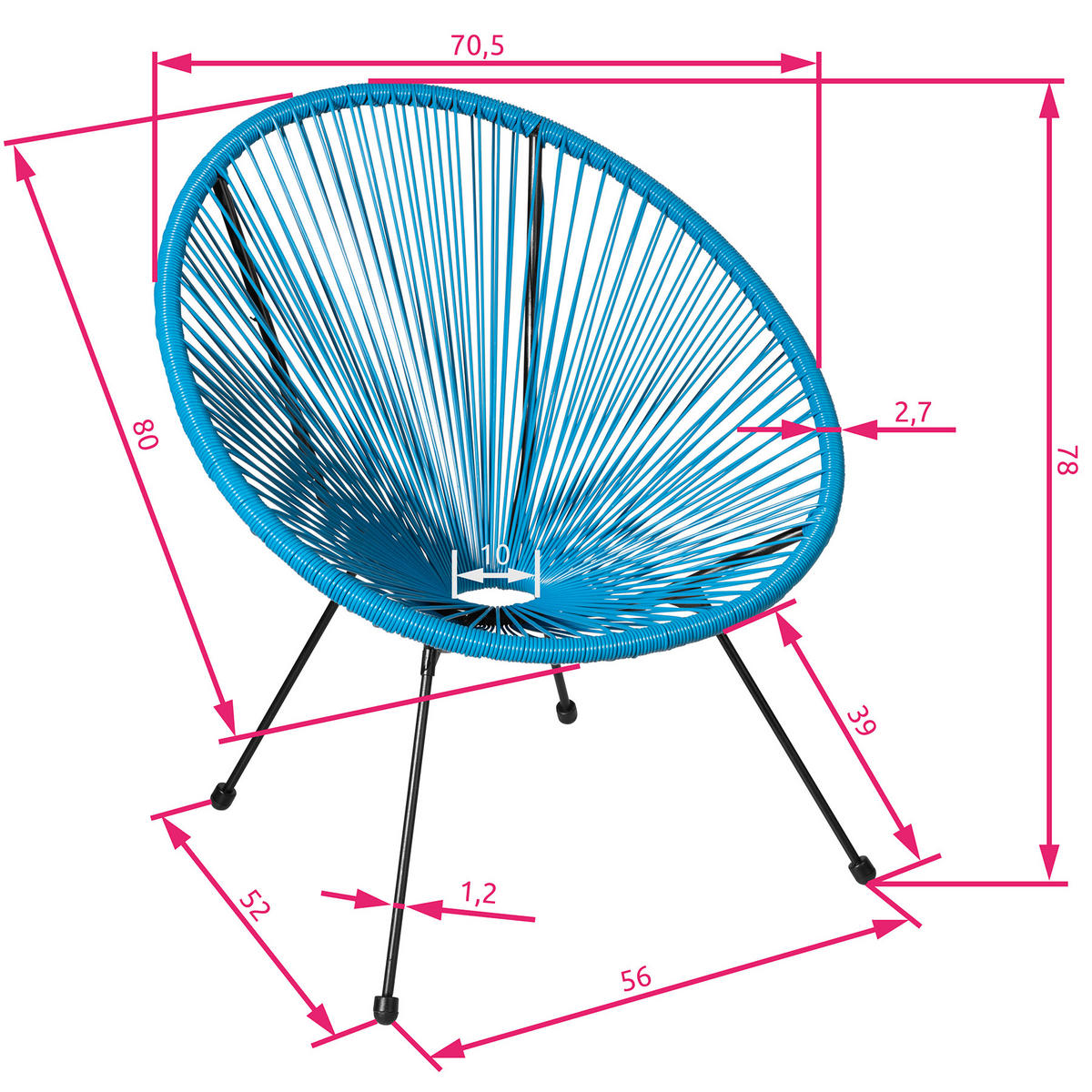 GARTENSTUHL 2er Set Santana, Belastbarkeit 120 kg, 70,5 x 69 x 78 cm, blau - Blau/Schwarz, Metall (70.5/78/69cm) - tectake