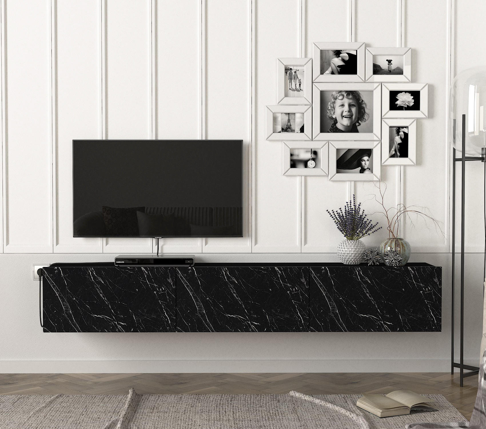 TV-LOWBOARD Hängend Damla Schwarz Marmor Optik - Schwarz, Holzwerkstoff (180/29/29cm) - moebel17