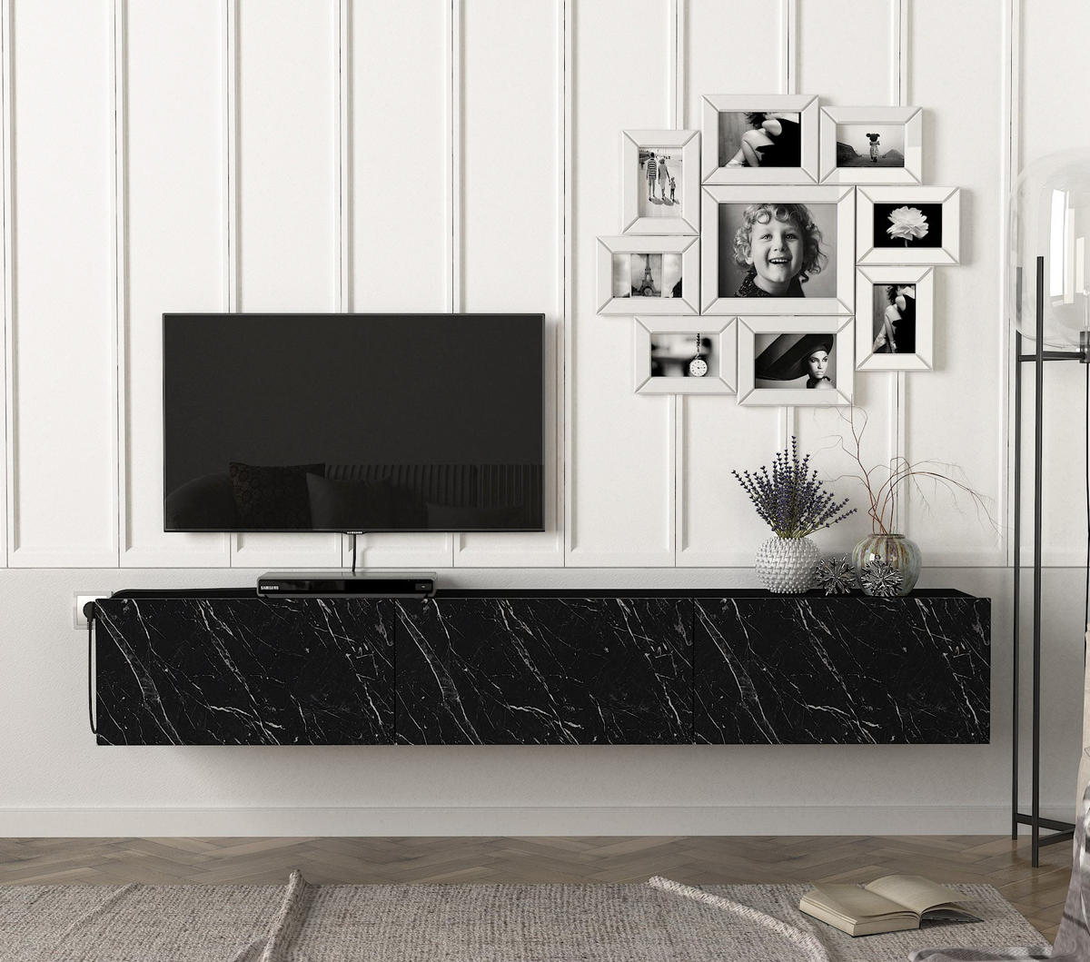 TV-LOWBOARD Hängend Damla Schwarz Marmor Optik - Schwarz, Holzwerkstoff (180/29/29cm) - moebel17