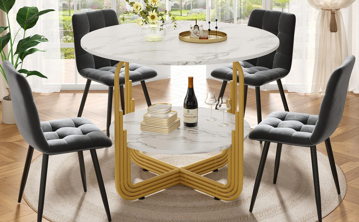 ESSTISCH 80x80x76 cm in Weiß und Gold aus MDF mit Kunstmarmor auf goldenem Metallrahmen - Weiß, Holzwerkstoff (80/80/76cm) - Modfu