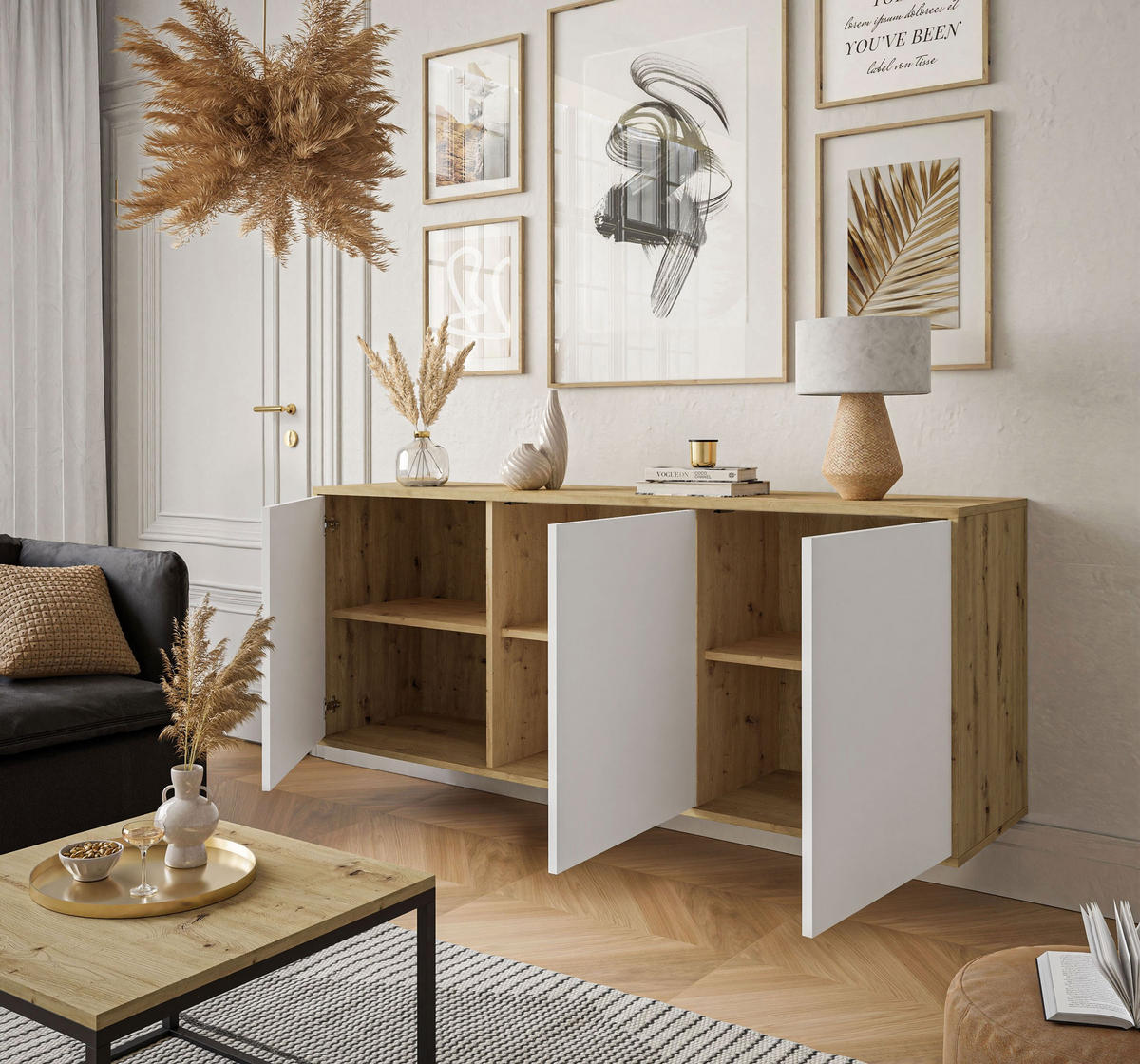 KOMMODE SANAYI III Eiche Artisan/Matte Weiß - Weiß, Holzwerkstoff (154/72/40cm) - Lookway