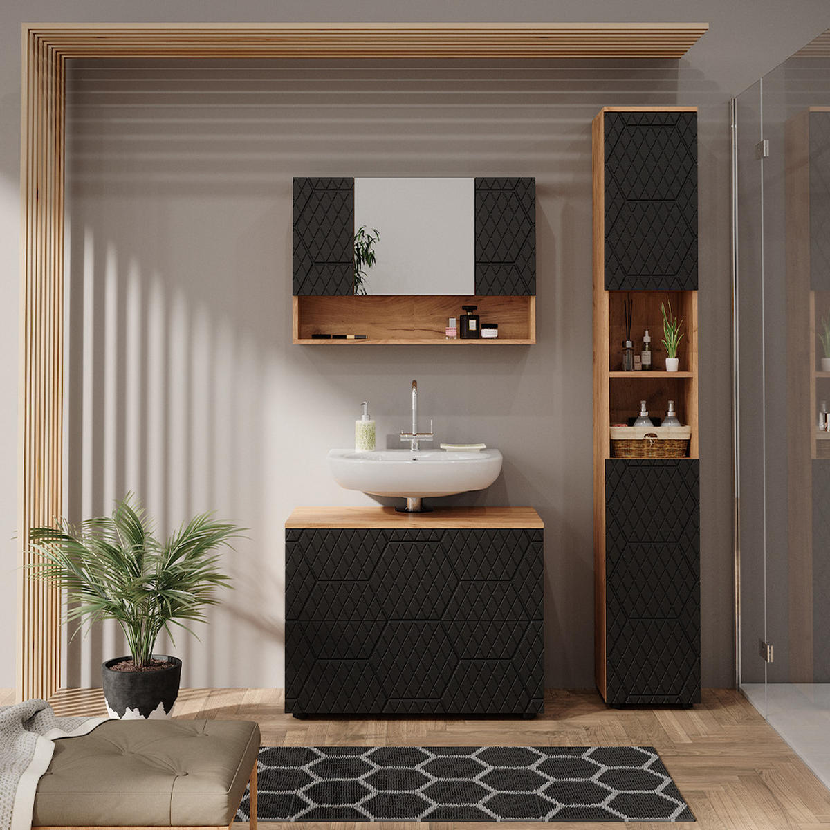 BADMÖBEL-SET Irma Anthrazit gestreift 3 Teile mit Spiegelschrank 80 cm - Honigeiche/Anthrazit, Holzwerkstoff (80/58.6/41cm) - Vicco