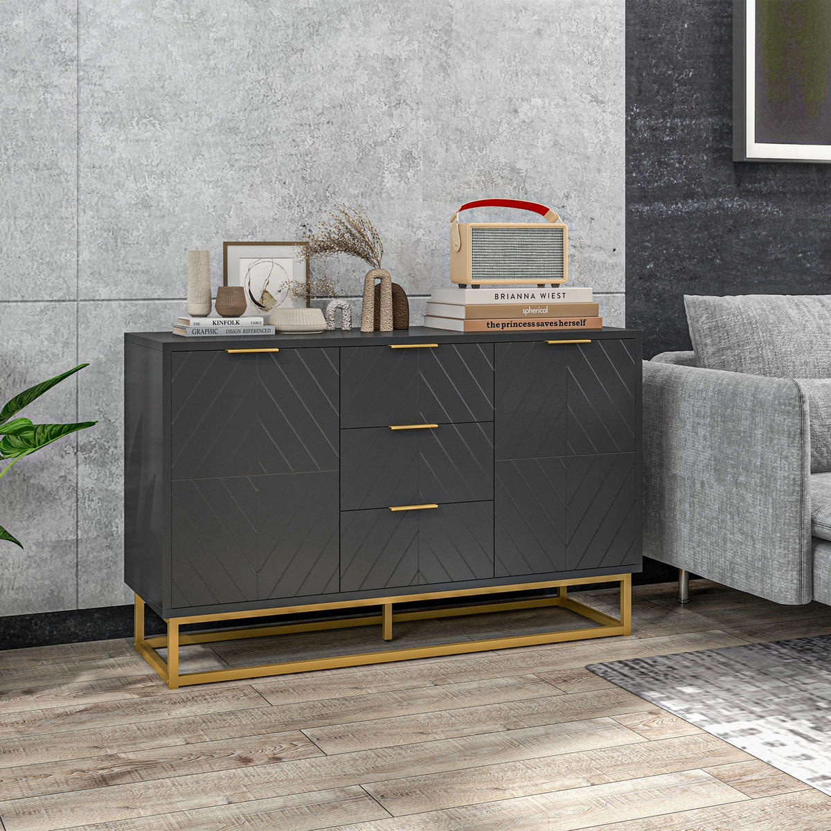 SIDEBOARD Schwarz-Gold, 2 Türen, 3 Schubladen, 120/40/76 cm - Schwarz, Holz (120/76/40cm) - PANGIVO