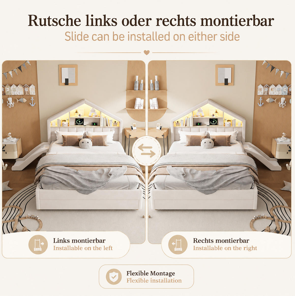 GEPOLSTERTES Hausbett 140x200 cm in Beige mit Rutsche, LED-Beleuchtung und Bettkasten - Beige, Textil (140/200cm) - IVMEU