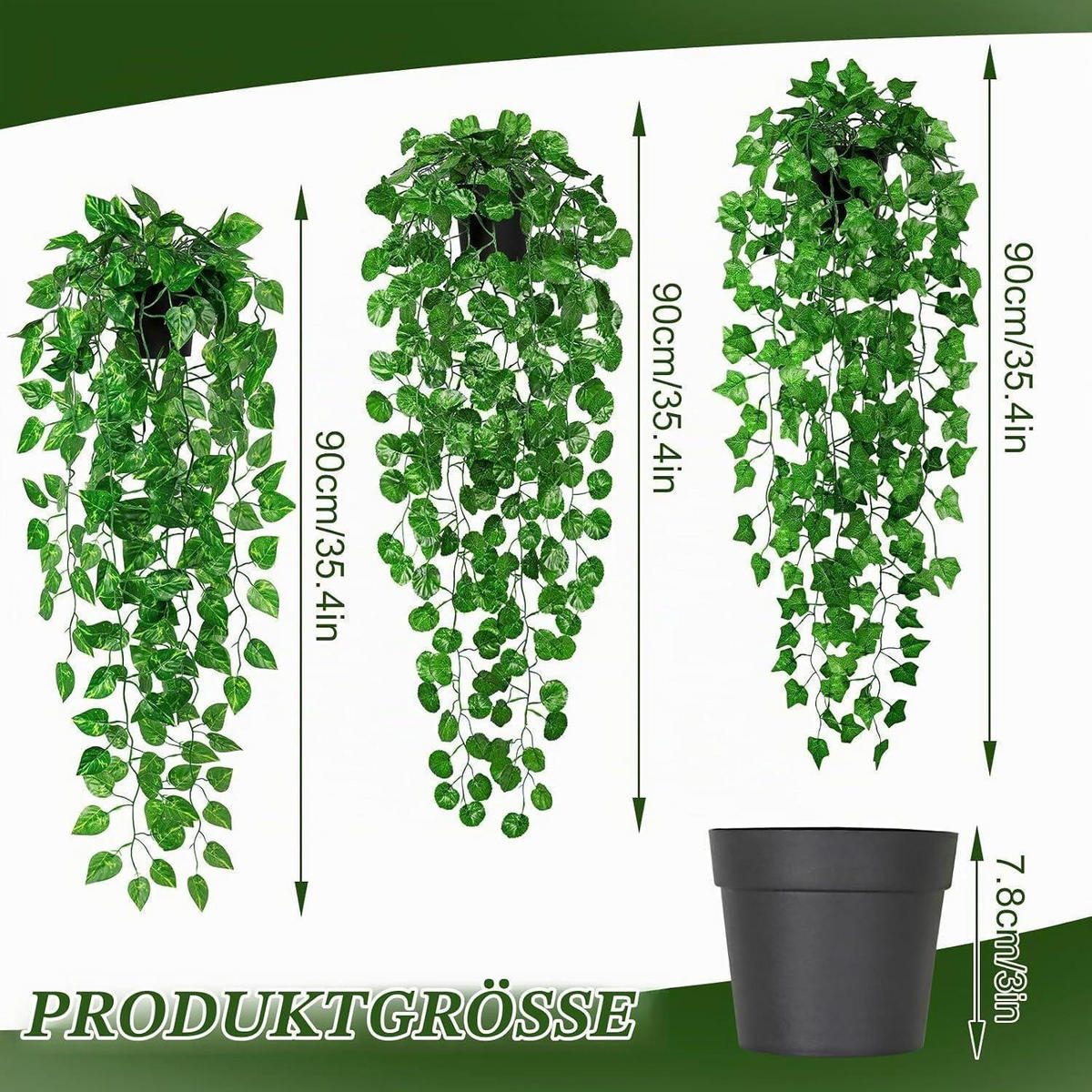 KUNSTPFLANZE hängend 90 cm 3er Set - Grün, Kunststoff (90cm)
