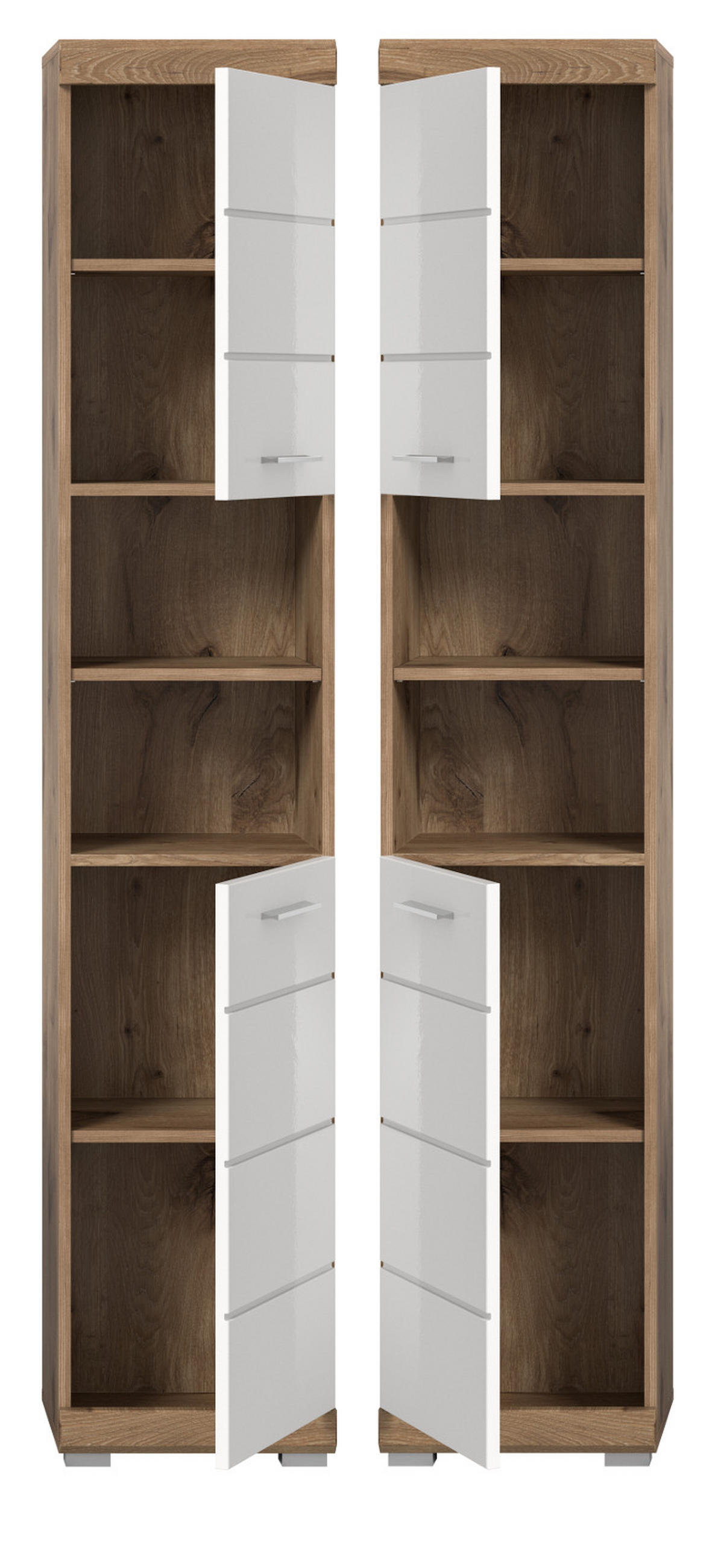 HOCHSCHRANK weiß Hochglanz, Eiche 37 x 191 cm, Badschrank mit 6 Fächern - Chromfarben/Weiß Hochglanz, Holzwerkstoff/Kunststoff (37/191/31cm) - Inn.Furn