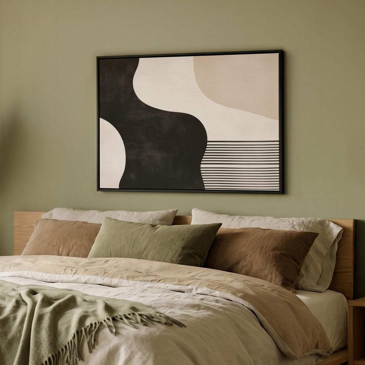LEINWAND Bilder mit Rahmen - Abstrakt - Japandi - Beige - Modern - 70x50 - Schwarz, Textil (70/50cm) - MuchoWow