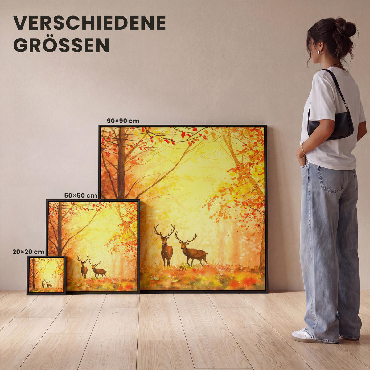 LEINWAND Bilder mit Rahmen - Natur - Ölfarbe - Hirsche - Tiere - Herbst - Orange - 20x20 - Orange, Textil (20/20cm) - MuchoWow