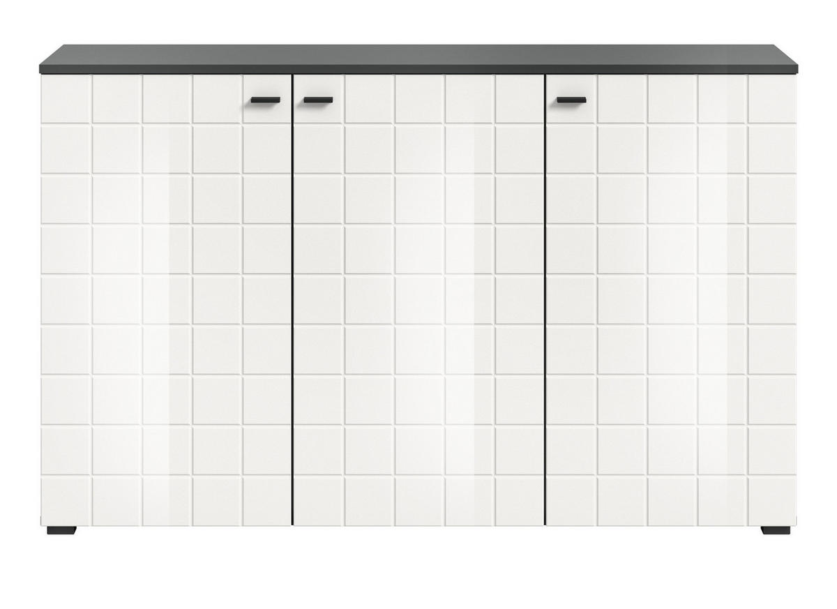 SIDEBOARD weiß Hochglanz, grau 138 cm, Kommode 3-türig - Weiß Hochglanz/Schwarz, Holzwerkstoff/Kunststoff (138/86/37cm) - Inn.Furn