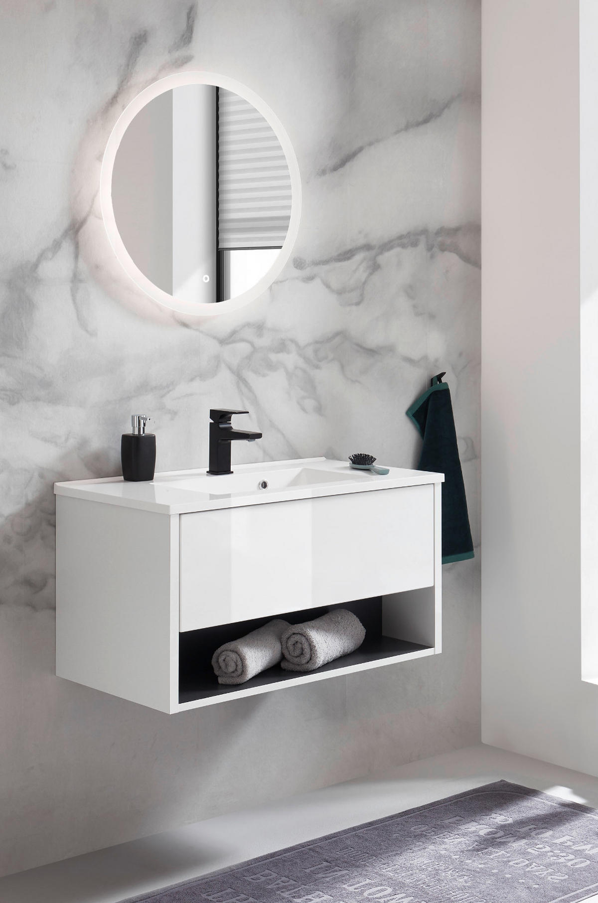 BADMÖBEL Set in weiß Hochglanz und grau mit Waschbecken und LED Beleuchtung 80 x 190 cm Glide - Weiß Hochglanz/Grau, Glas/Holzwerkstoff (80/190/47cm) - Furn.Design