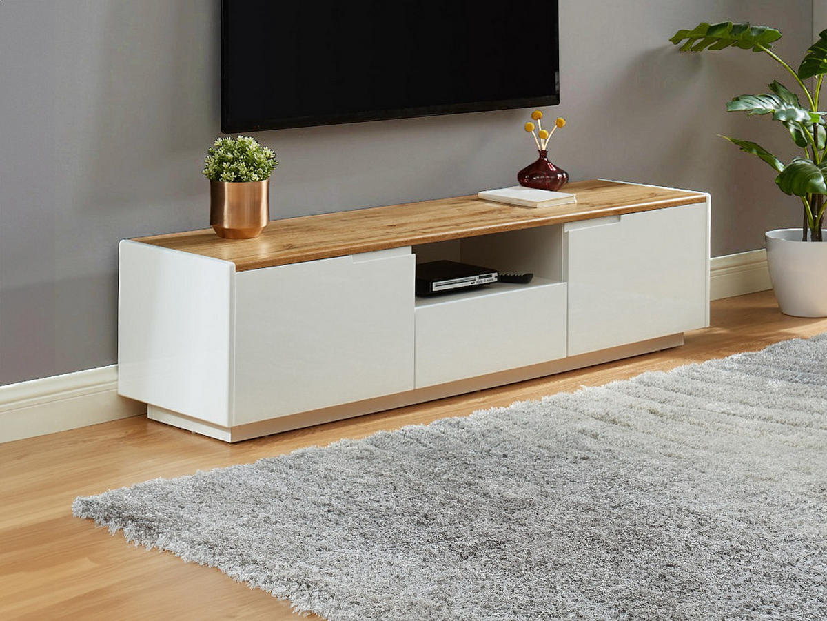 TV-MÖBEL mit 2 Türen & 1 Schublade - MDF lackiert - Weiß & Eichefarben - AMANI - Naturfarben, Holz (160/40/40cm) - Vente-Unique