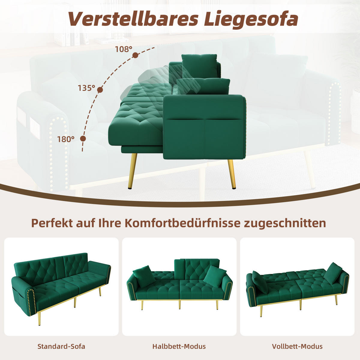 SCHLAFSOFA Samt mit verstellbarer Rückenlehne und Getränkehalter Grün 175/80/73,5 cm - Grün, Textil (73.5/175/80cm) - Redom