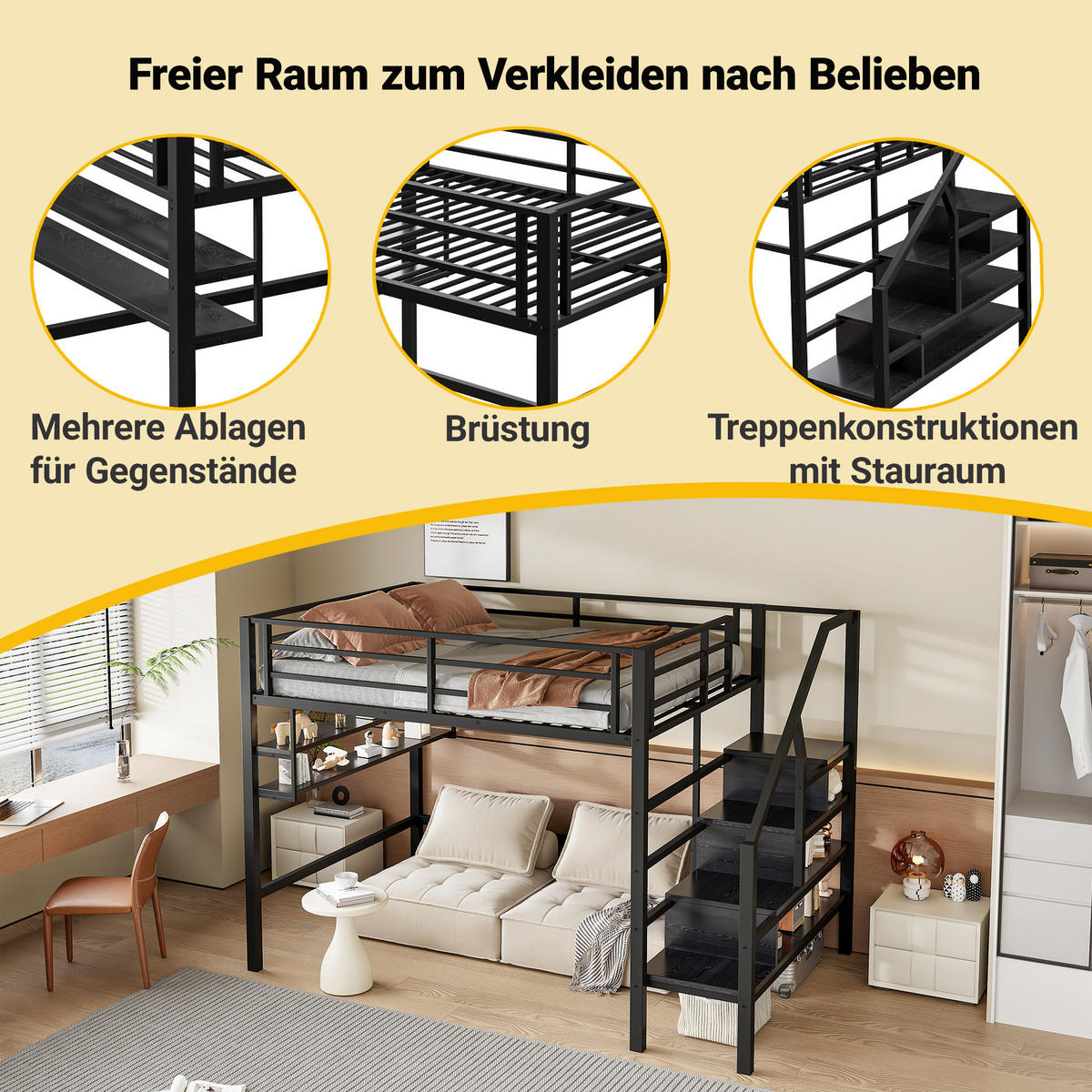 HOCHBETT 140x200cm Schwarz Einlegeböden Stauraumleiter Geländer - Schwarz, Metall (140/200cm) - FLIEKS