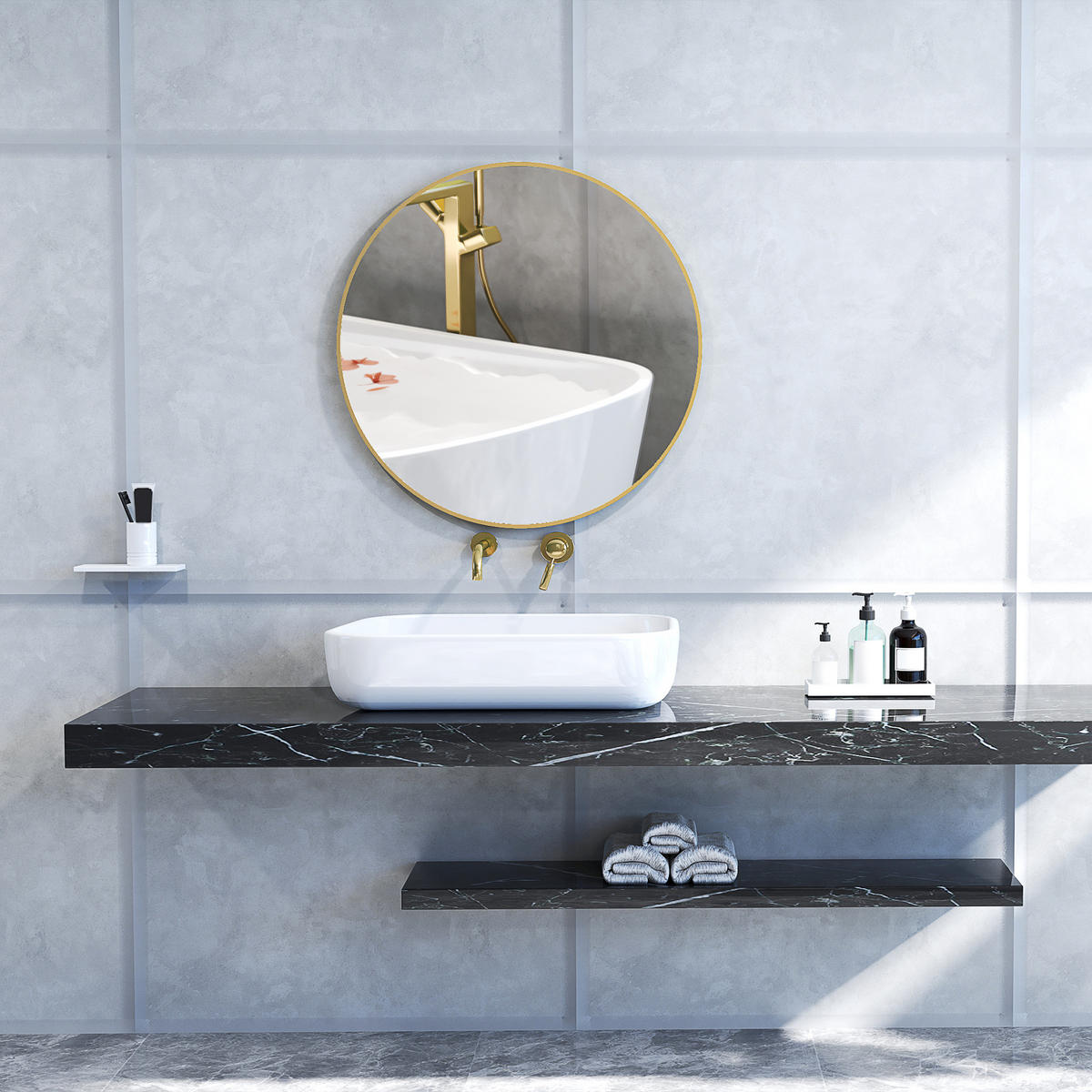 BADSPIEGEL 70x70 cm Rund Spiegel mit Rahmen, Splitterschutzfolie, Wandspiegel - Goldfarben, Metall (70/2.5/70cm) - HOMCOM