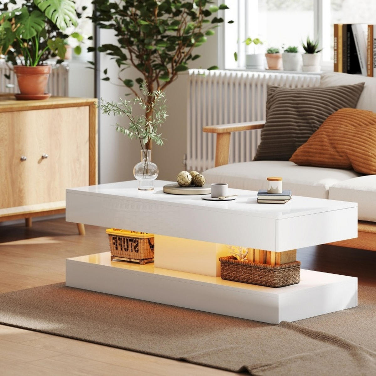 COUCHTISCH aus Spanplatte 120x50x42 cm Weiß mit 2 Schubladen, LED-Beleuchtung und offenem Fach - Weiß, Holzwerkstoff (120/50/42cm) - IVMEU