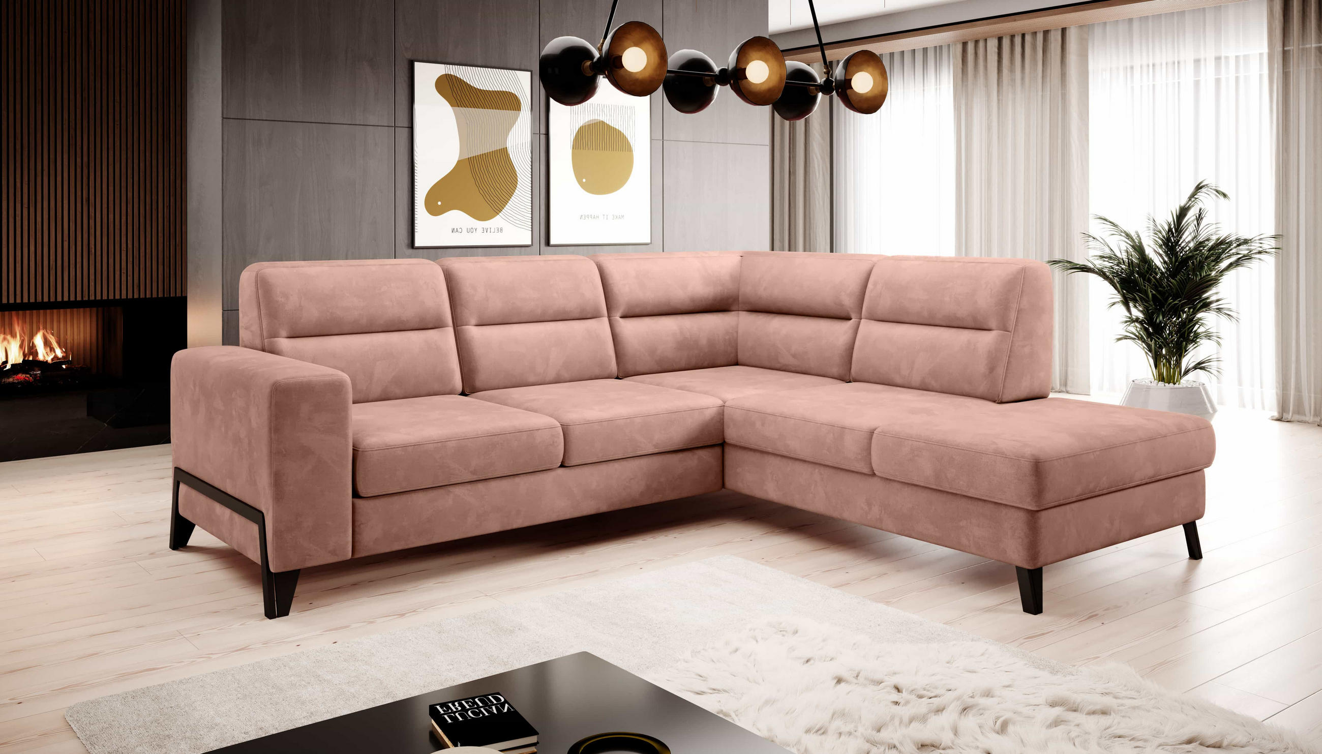 ECKSOFA mit Schlaffunktion & Bettkasten, luxus Nube-Stoff - Schwarz/Rosa, Textil/Metall (237/277cm) - Eltap
