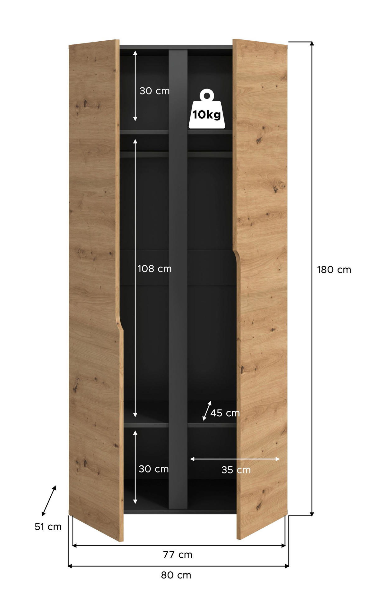 KLEIDERSCHRANK 2TÜRIG Anga Artisan Eiche 80/51/180 cm - Anthrazit, Holzwerkstoff (80/180/51cm) - Xonox