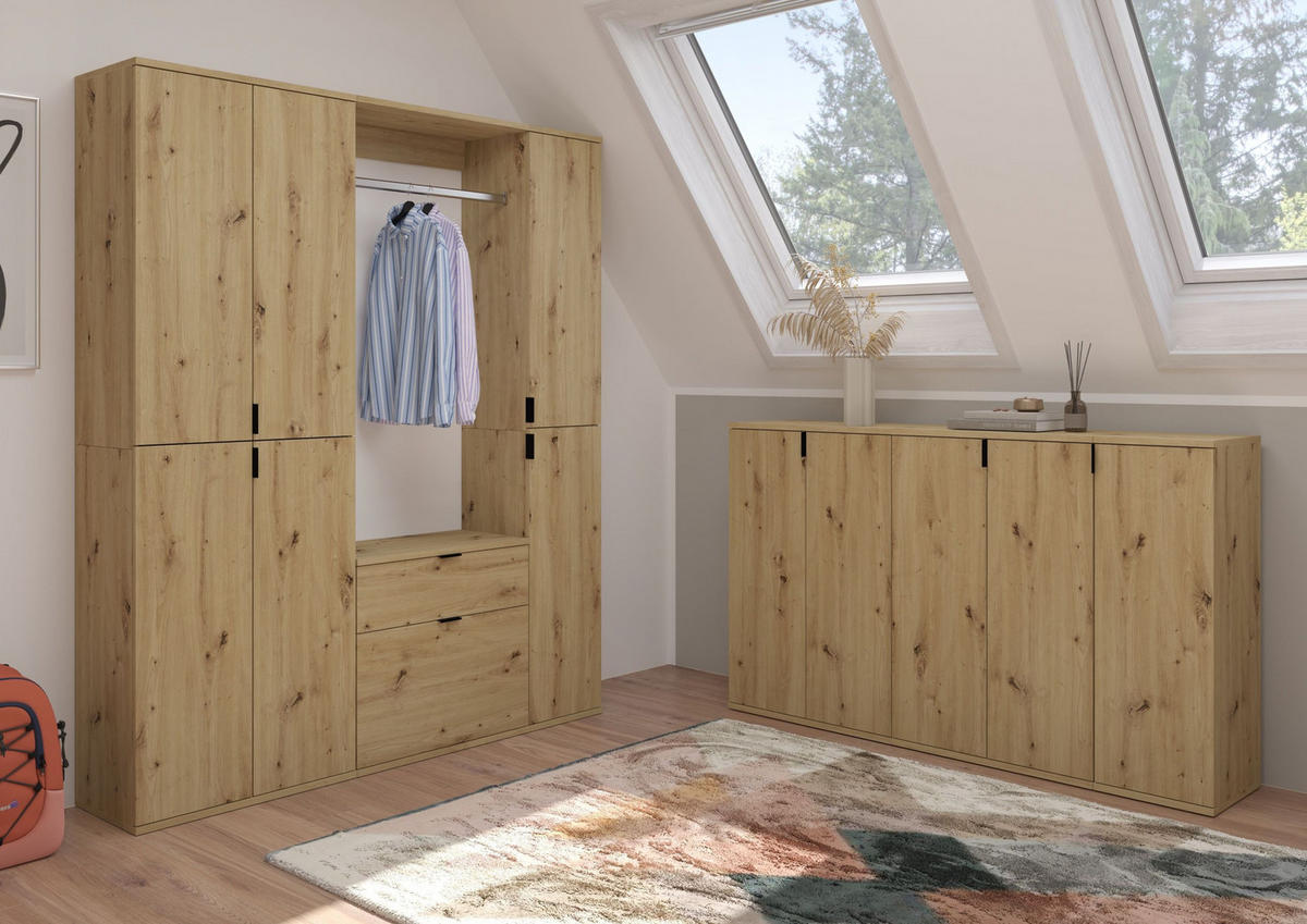 KOMMODE + Garderobenstange Projekt X Garderobe in Artisan Eiche Nachbildung B/H/T: 61x62x34 cm - Eiche Artisan, Holzwerkstoff (60/61/34cm)