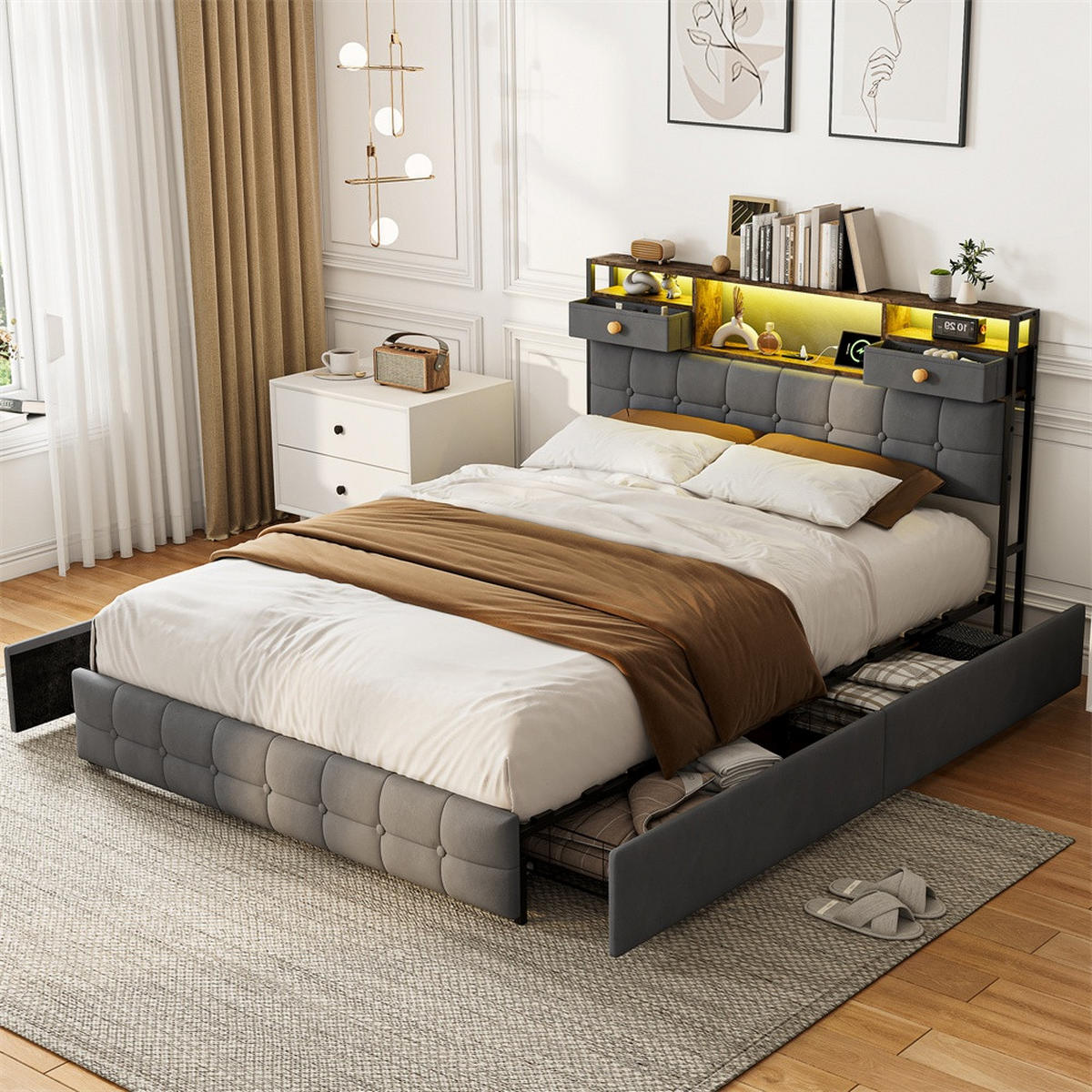 POLSTERBETT 140x200 cm mit LED-Beleuchtung - USB-Ladefunktion und 6 Schubladen - ohne Matratze - Grau - Grau, Textil (140/200cm) - DELFA