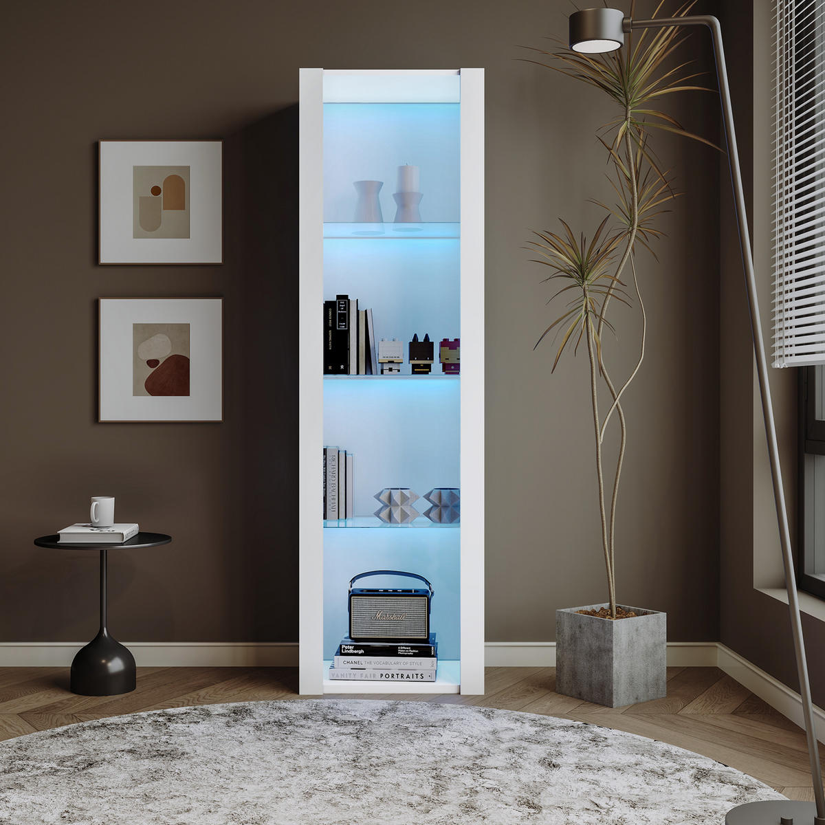 VITRINE in Weiß Hochglanz-Vitrine mit LED-Beleuchtung, 3 Glasböden,fürs Wohn- oder Esszimmer, B55/T38/H166cm - Weiß, Glas/Holzwerkstoff (55/166/38cm) - STILVORA