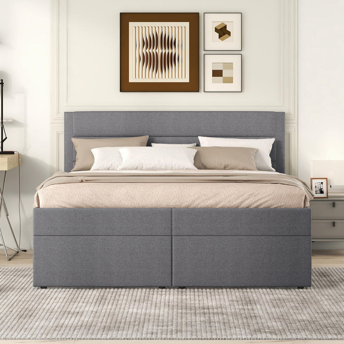 BETT mit Bettkasten 140x200 cm Leinen Gray 3-tlg. - Grau, Holz (140/200cm) - Meubliv
