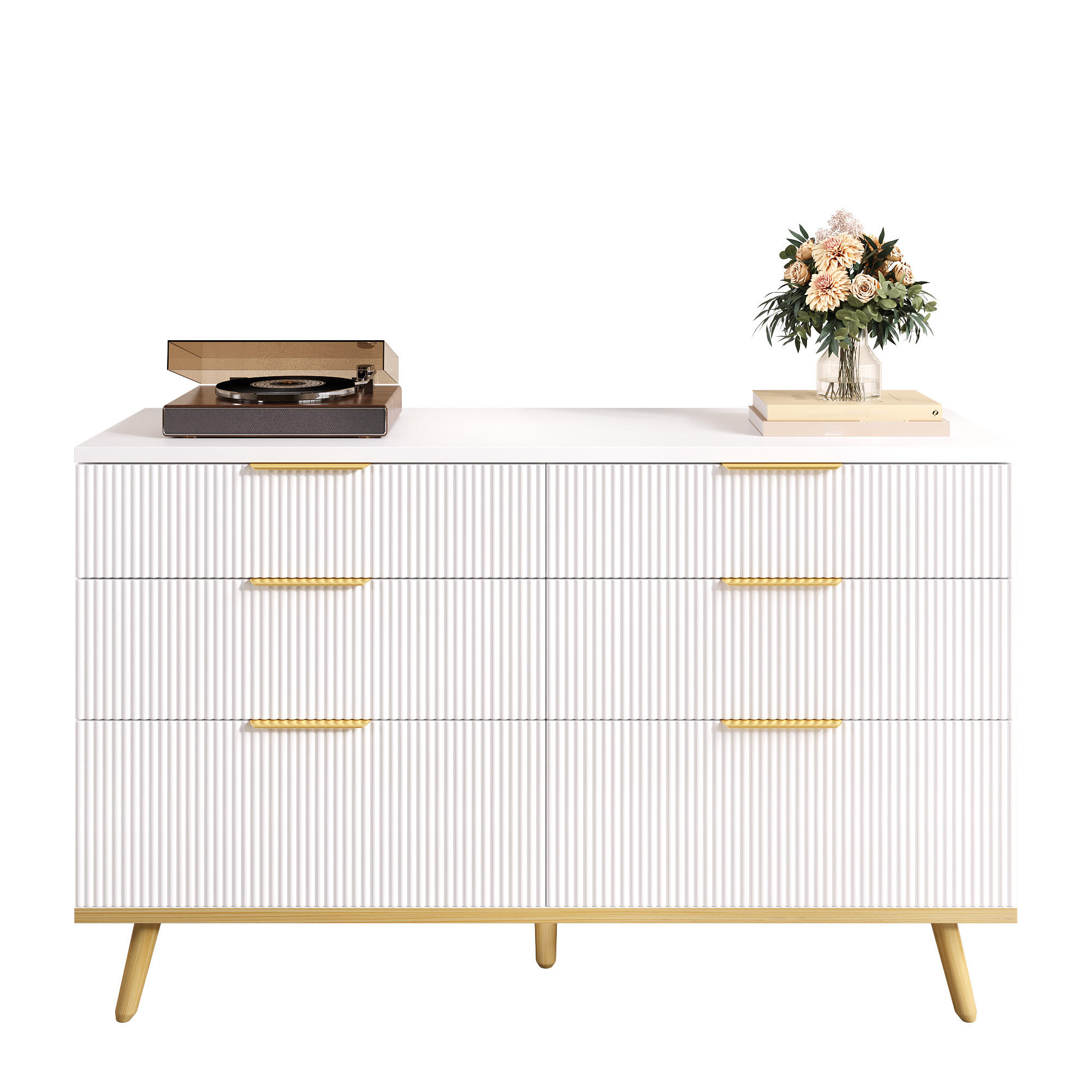 SIDEBOARD in Weiß Kommode mit 6 Schubladen und Holzoptik-Füßen für Wohnzimmer, Schlafzimmer und Flur, B120/T40/H76.5cm - Naturfarben/Weiß, Holzwerkstoff/Metall (120/76.5/40cm) - STILVORA