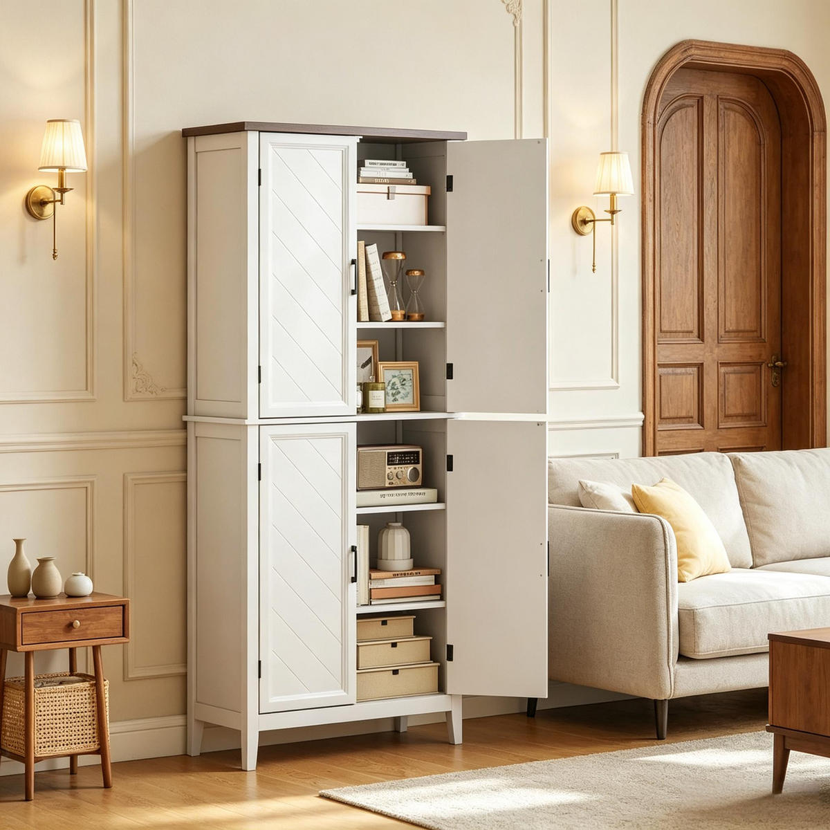 HIGHBOARD DE-38829 76/40/178,5 cm 4 Glastüren und 4 verstellbare Regale Weiß/Braun - Weiß, Holzwerkstoff (76/178.5/40cm) - ComfortXL