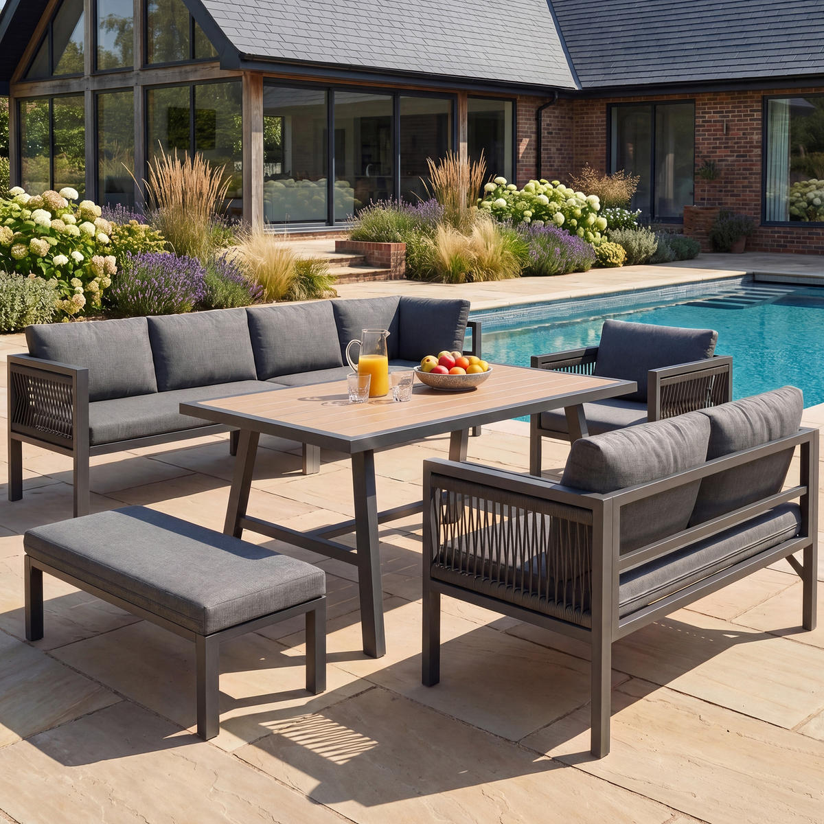 GARTENLOUNGE 6tlg Grau Beige Ecksofa Tisch Hocker wetterfest - Grau, Metall - FLIEKS