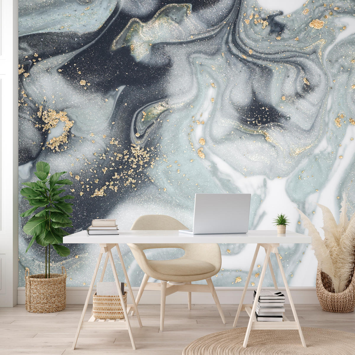 FOTOTAPETE für Badezimmer Luxus Grauer Marmor Muster Goldene Verzierungen 350x256 - Gelb/Weiß, Papier (350/256cm) - Muralo