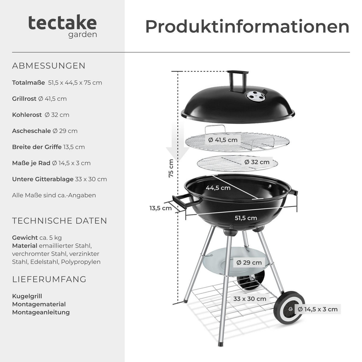 KUGELGRILL , Ø Rost 41,5 cm, schwarz/silber - Silberfarben/Schwarz, Metall (41.5/75cm) - tectake
