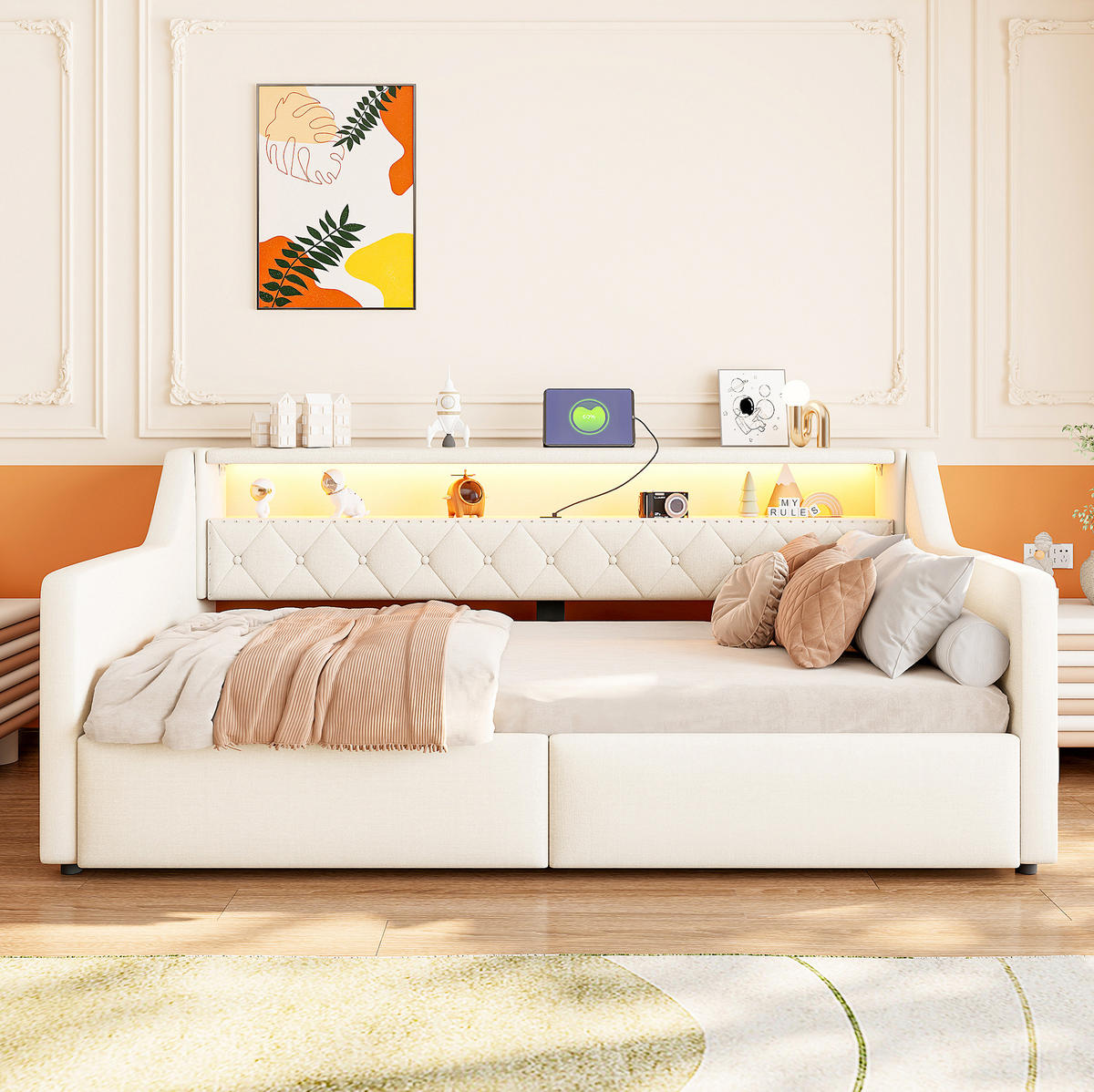 BETT 90/200 cm in Beige mit LED-Beleuchtung und hydraulischem Stauraum - Beige, Holzwerkstoff (90/200cm) - Flora Grace
