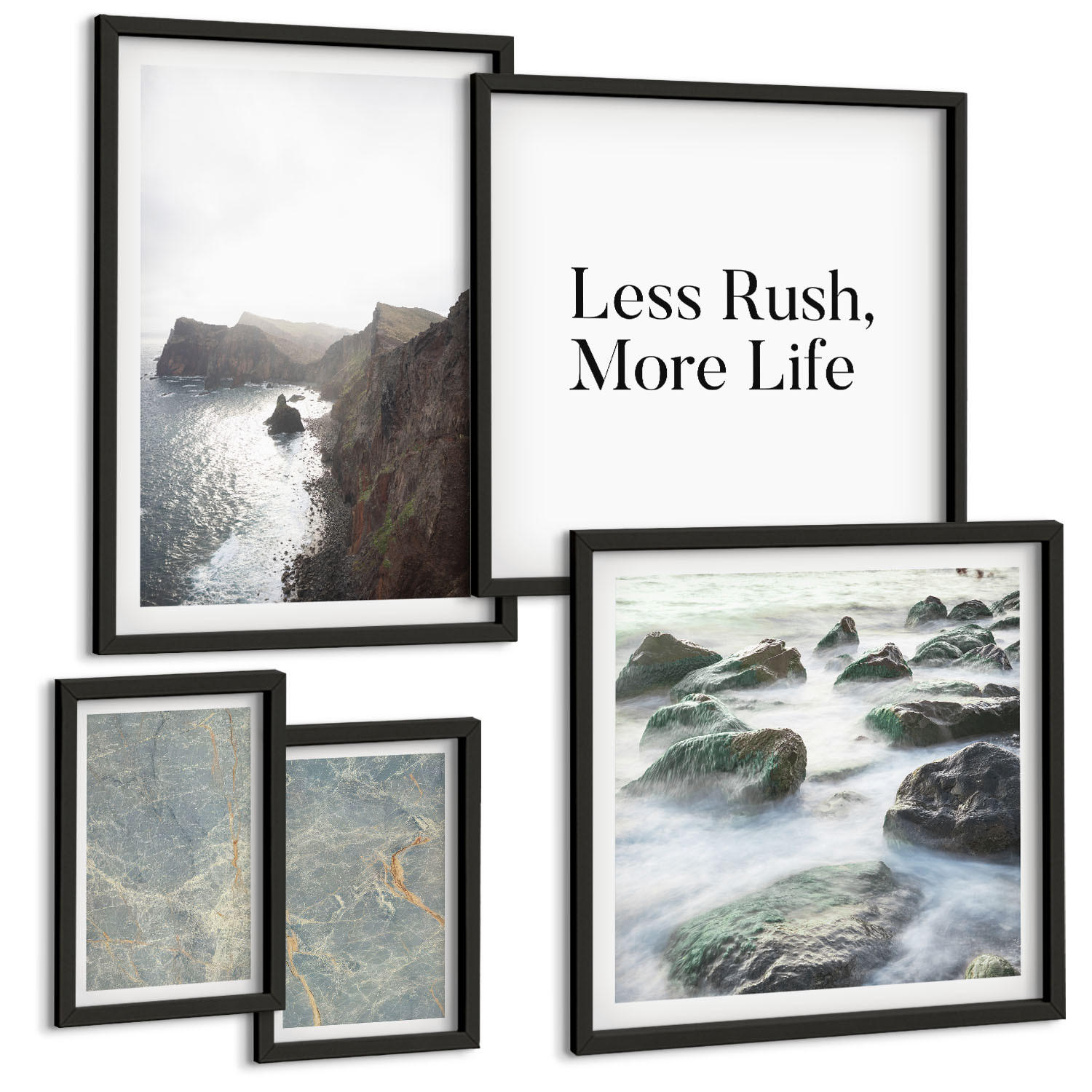 BILDER SET 5er Set - 50x50 cm & 20x30 cm & 40x60 cm Schwarzer Rahmen - Grüner Marmor Melancholie - Schwarz, Kunststoff (40/60cm) - TULUP