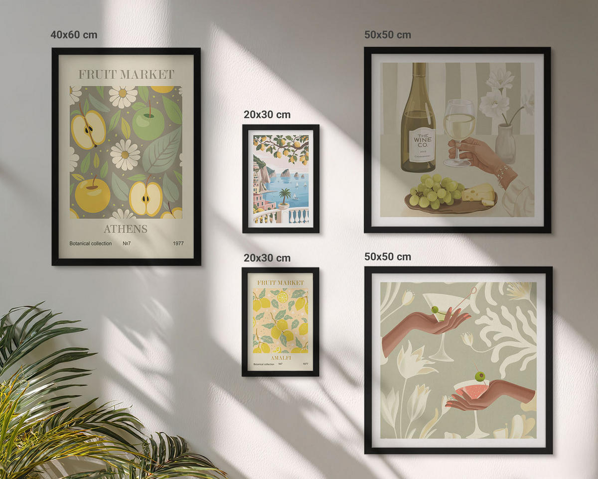 BILDER SET 5er Set - 50x50 cm & 20x30 cm & 40x60 cm Schwarzer Rahmen - Vintage-Poster mit Fruchtmustern - Schwarz, Kunststoff (40/60cm) - TULUP