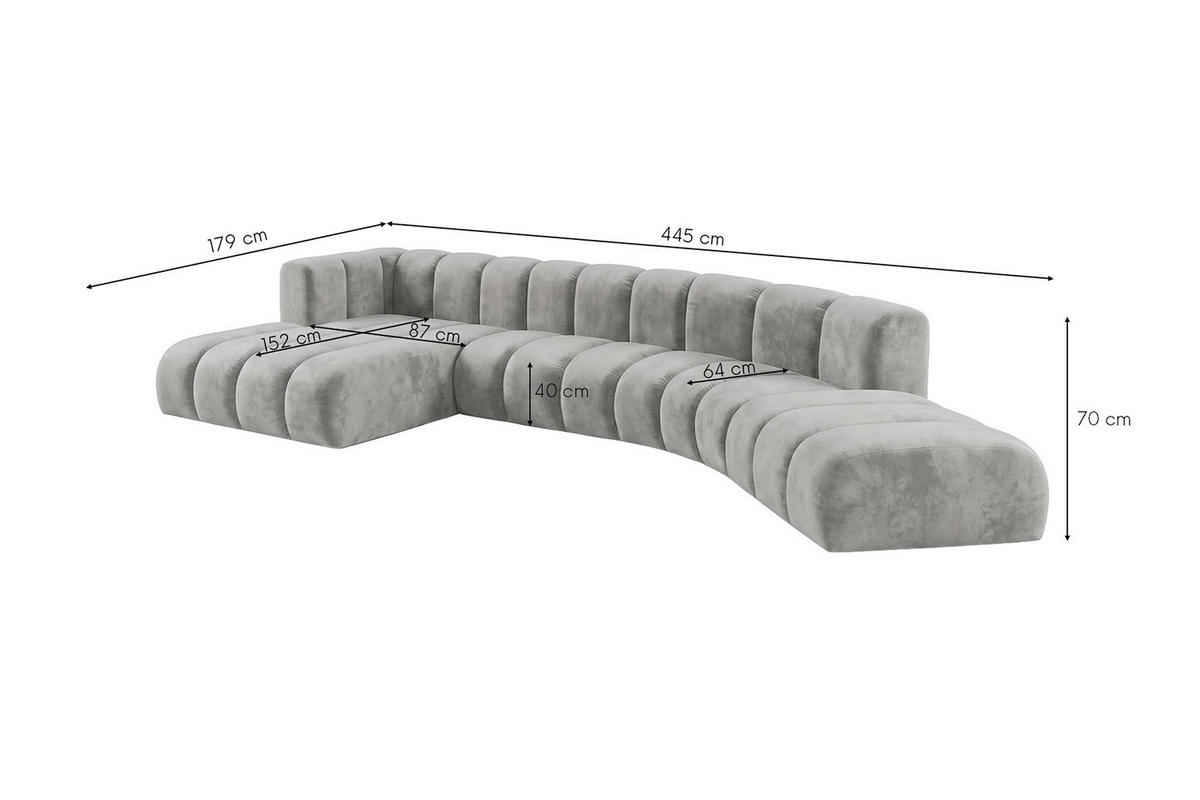 ECKSOFA Modulares In L-Form, Velvet-Stoff Riviera, Grau, Links, GRAND Round - Grau, Holz (445/179cm) - Kaiser Möbel